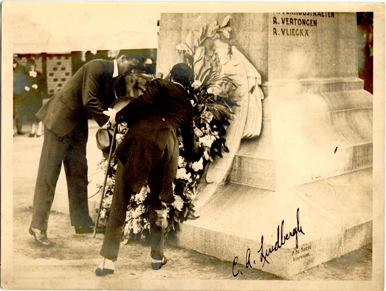 Charles Lindbergh Boldest Signed Photo Monument to the Aviators - JSA CERT: Charles LindberghBrussels, Belgium, n.d.Charles Lindbergh Boldest Signed Photo Monument to the Aviators - JSA CERTSigned PhotoSepia Photograph, measuring 7" x 9.5", of Charles Lindbergh placing a wrea