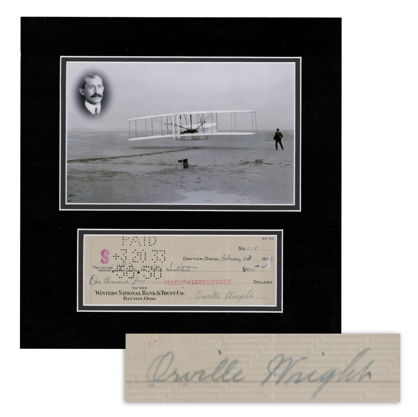 Orville Wright Donates $1,000 to the Arts, Signed Check Matted & Displayed: Orville WrightDayton, OH, February 23, 1933Orville Wright Donates $1,000 to the Arts, Signed Check Matted & DisplayedSigned checkA check from the Winters National Bank & Trust Co., signed "Orville Wri