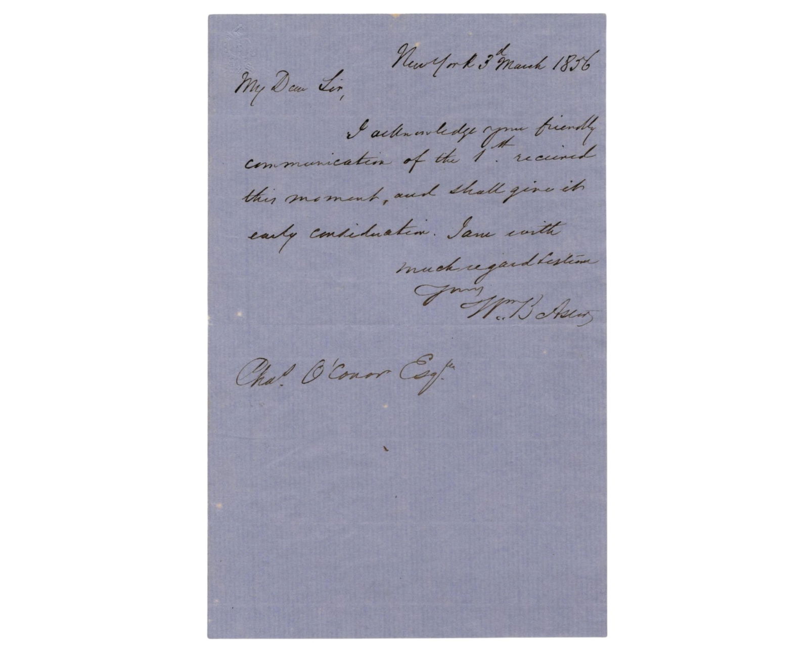 William B. Astor Writes to First Catholic Presidential Candidate and Top NY Lawyer! (1 of 2)