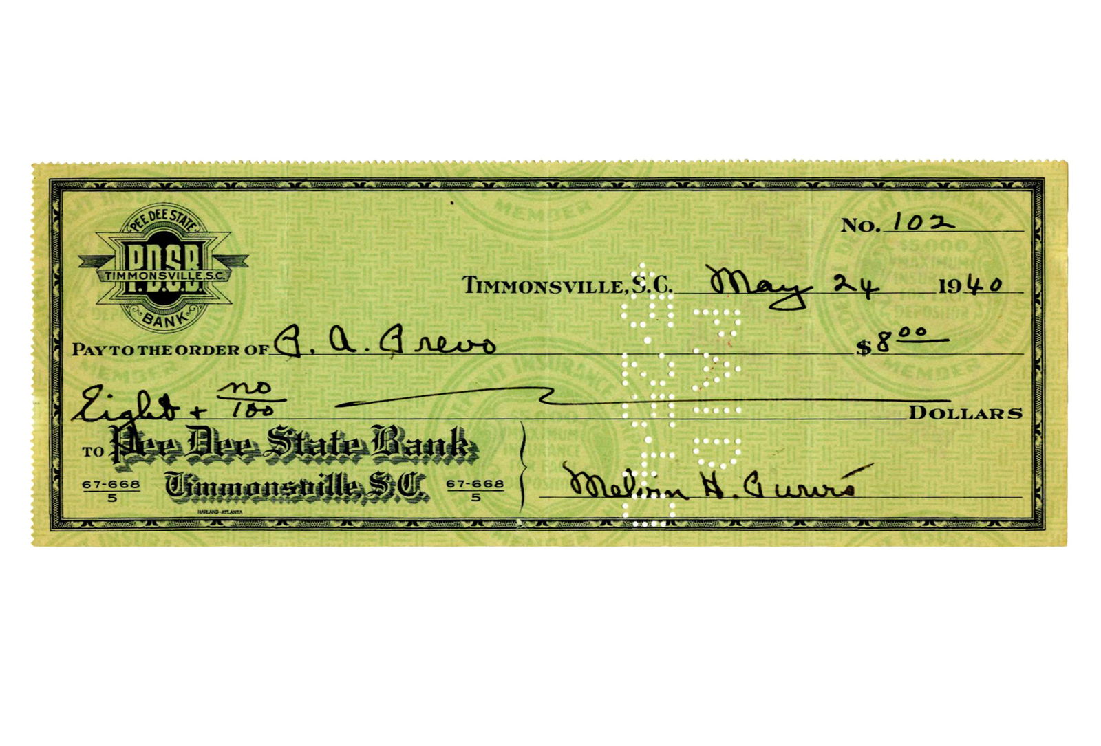 Melvin Purvis Signed 1940 Check: Melvin PurvisTimmonsville, SC, May 24, 1940Melvin Purvis Signed 1940 CheckSigned CheckA signed check by Melvin Purvis. Measuring 8.25" x 3", Timmonsville, South Carolina, dated May 24, 1940. Signed "M