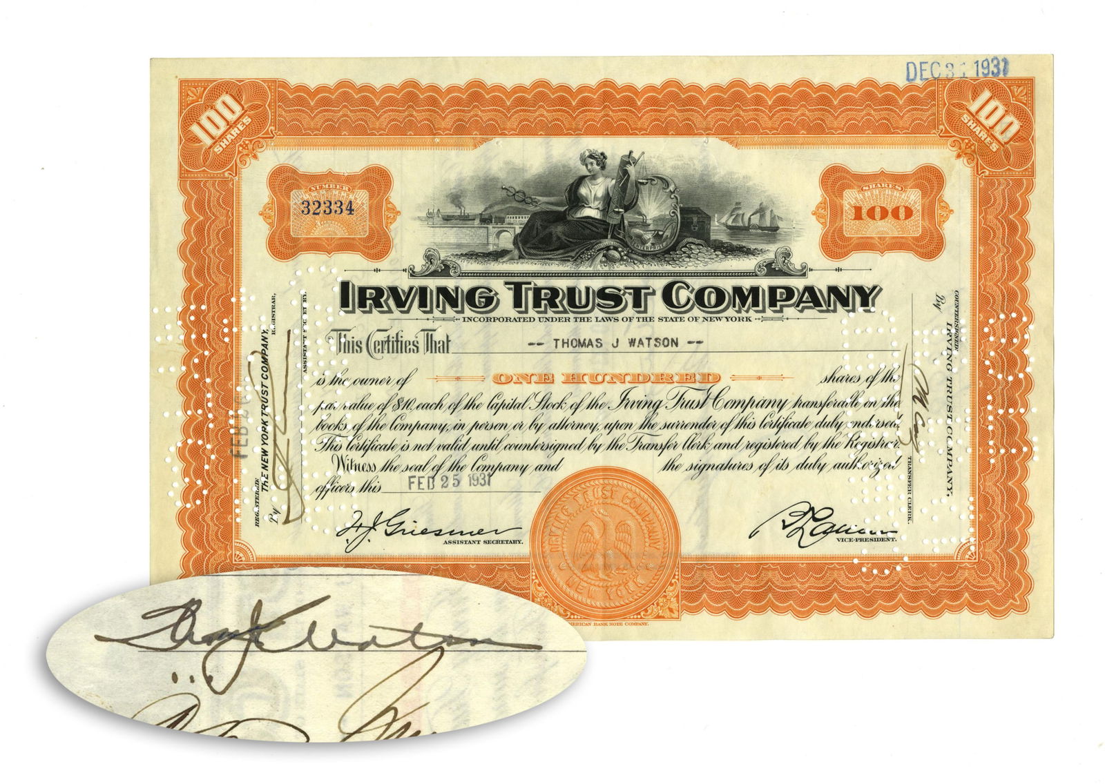Thomas Watson Sr. Signed Stock Certificate