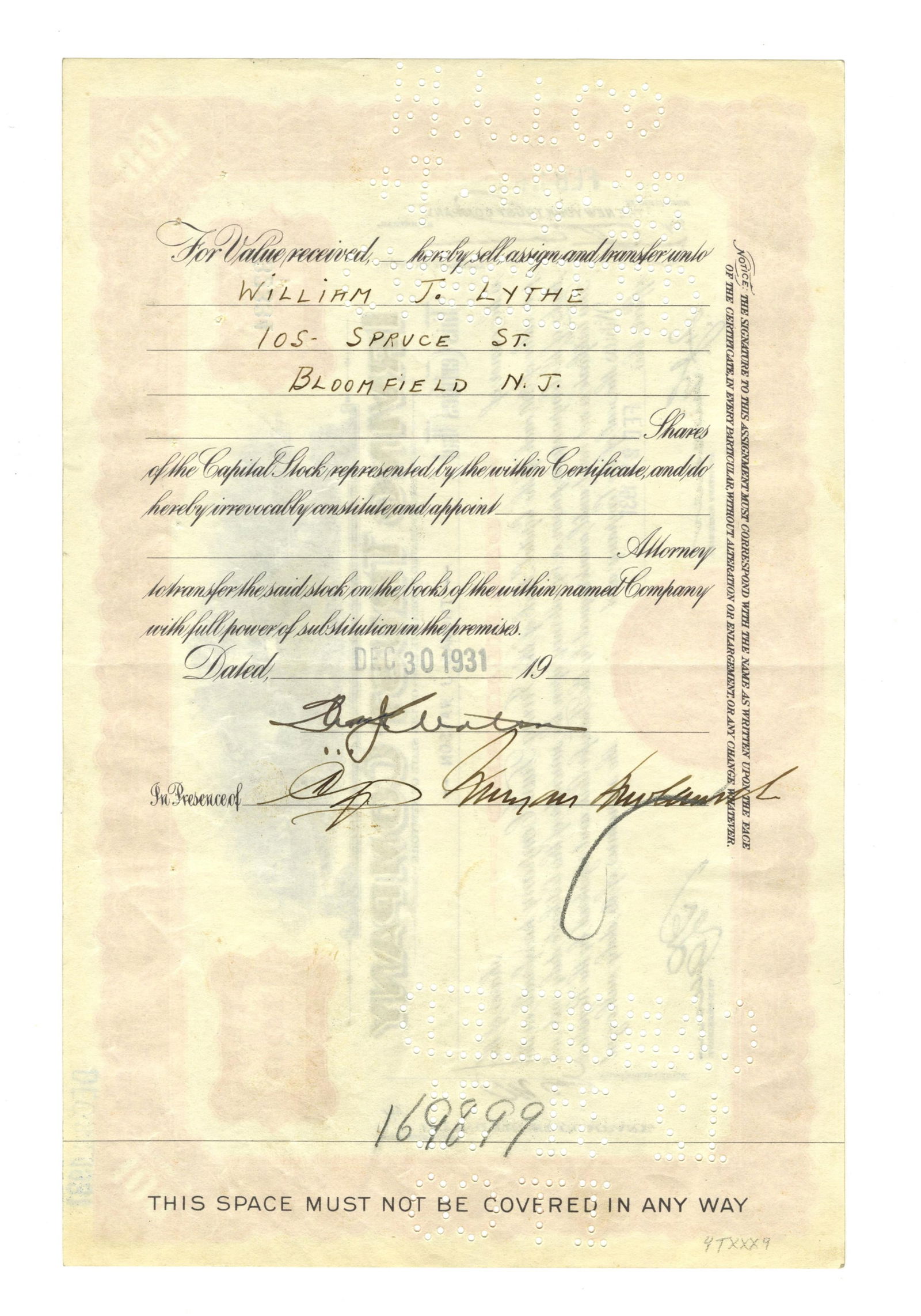 Thomas Watson Sr. Signed Stock Certificate - 2