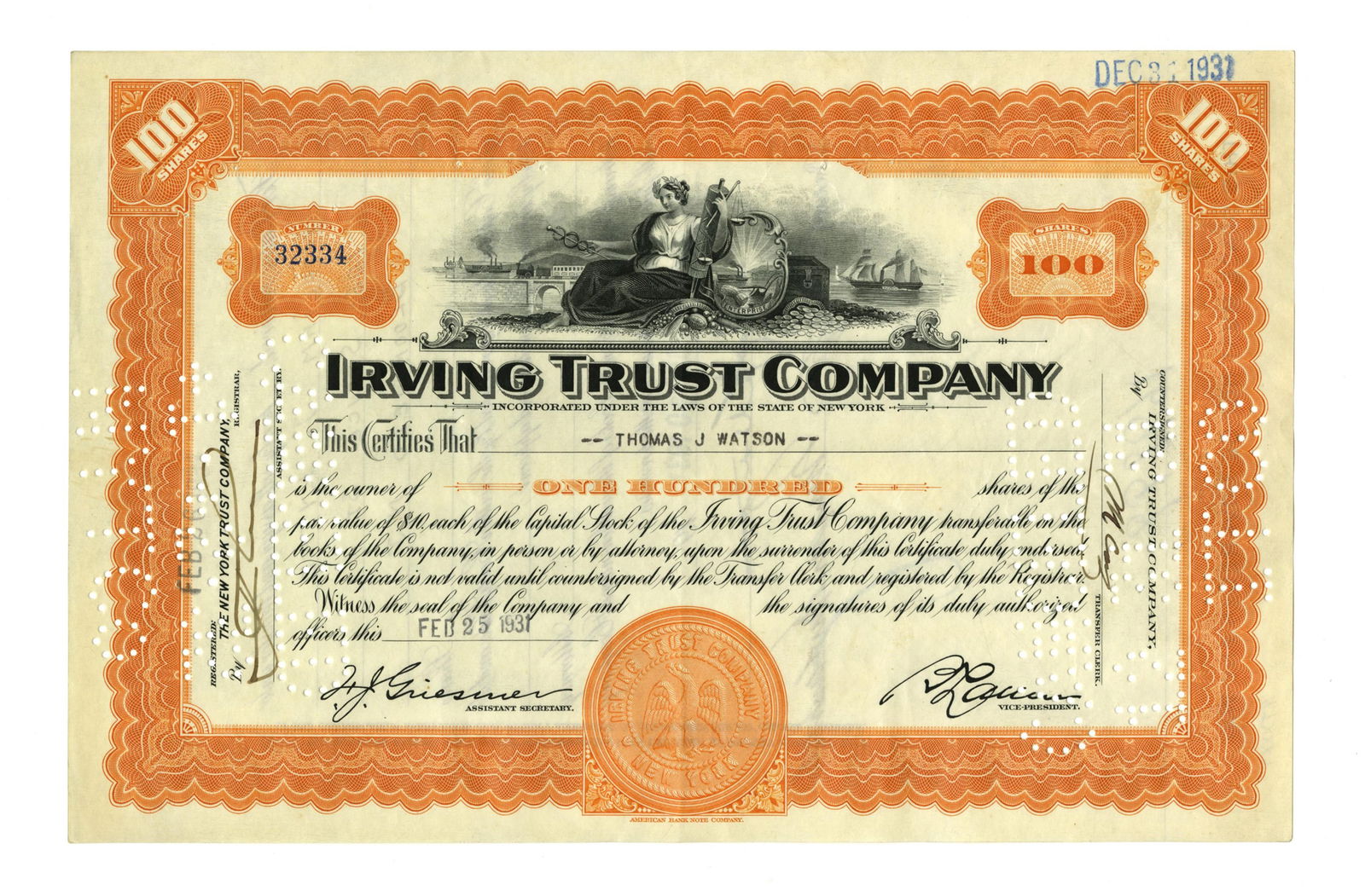 Thomas Watson Sr. Signed Stock Certificate - 3