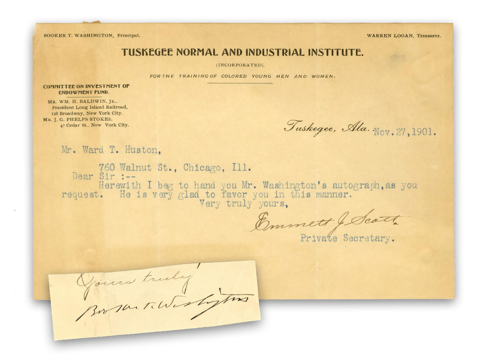 Booker T. Washington Clipped Signature & TLS From Secretary: Booker T. Washington [Tuskegee, AL], ca. 19th/20th C. Booker T. Washington Clipped Signature & TLS From Secretary Signature A clipped page signed in full as "Booker T. Washington" by the famed Black