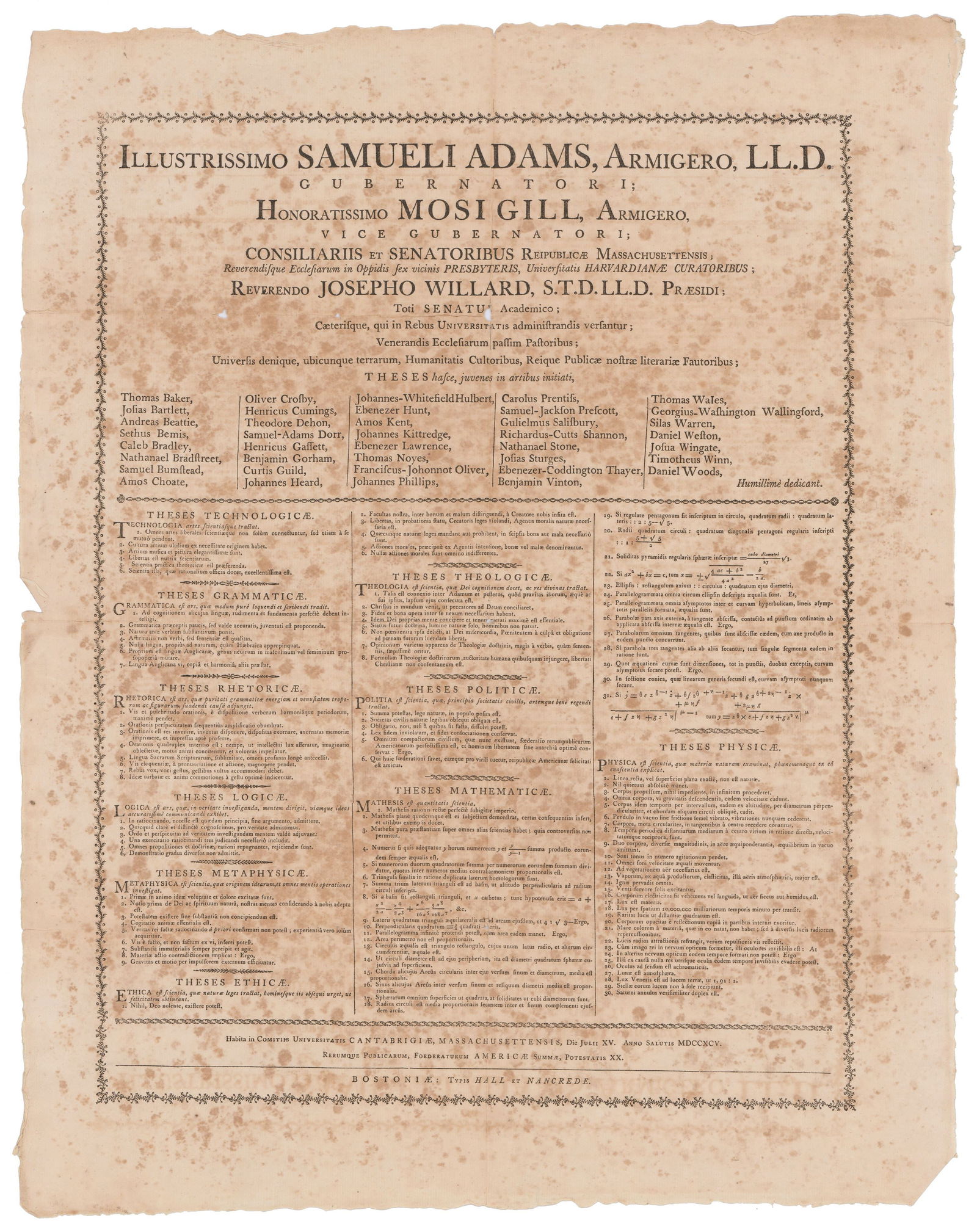 Sam Adams Announces Harvard University, Class of 1795 - Gorgeous Latin Broadside!: Samuel Adams[Cambridge, MA], July 15, 1795Sam Adams Announces Harvard University, Class of 1795 - Gorgeous Latin Broadside!BroadsideAn impressive printed broadside in Latin announcing the graduation o