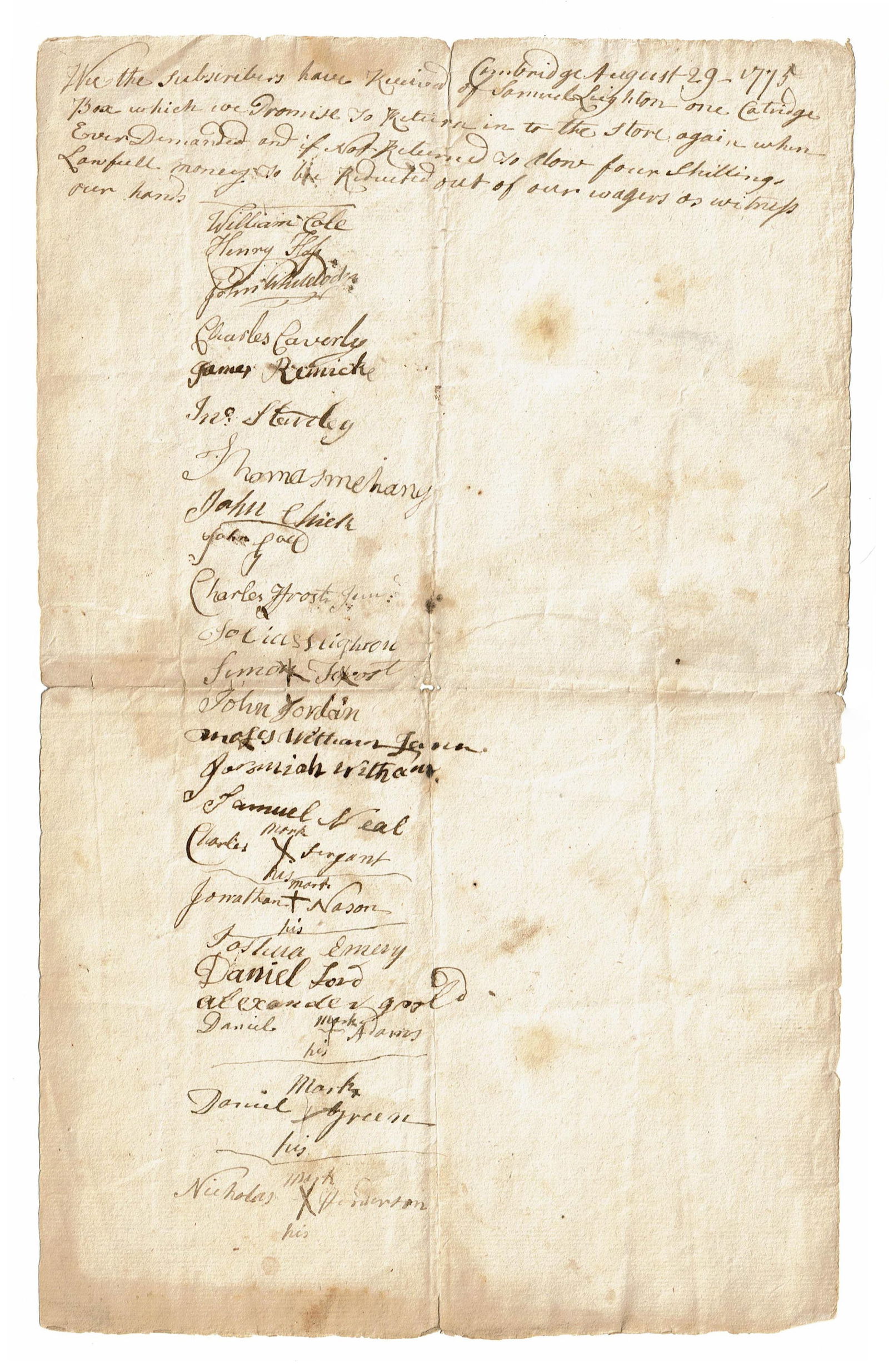 Revolutionary War Siege of Boston MDS Samuel Leighton's Co. Receives Cartridge Boxes, 24 Signatures: Revolutionary WarCambridge, MA, August 29, 1775Revolutionary War Siege of Boston MDS Samuel Leighton's Co. Receives Cartridge Boxes, 24 SignaturesMDSRevolutionary War. Manuscript Document Signed, 1p,