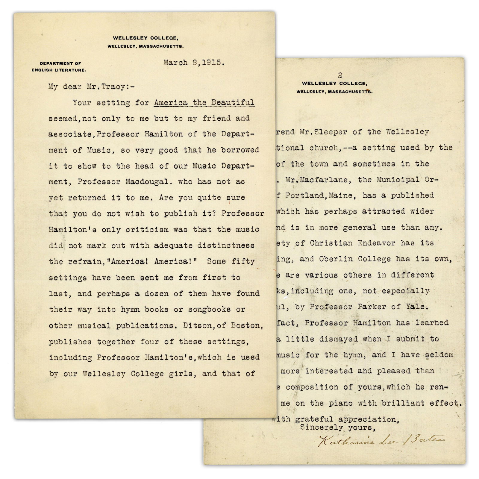 Katherine Lee Bates 1915 TLS With Great "America the Beautiful" Musical Content! (1 of 4)