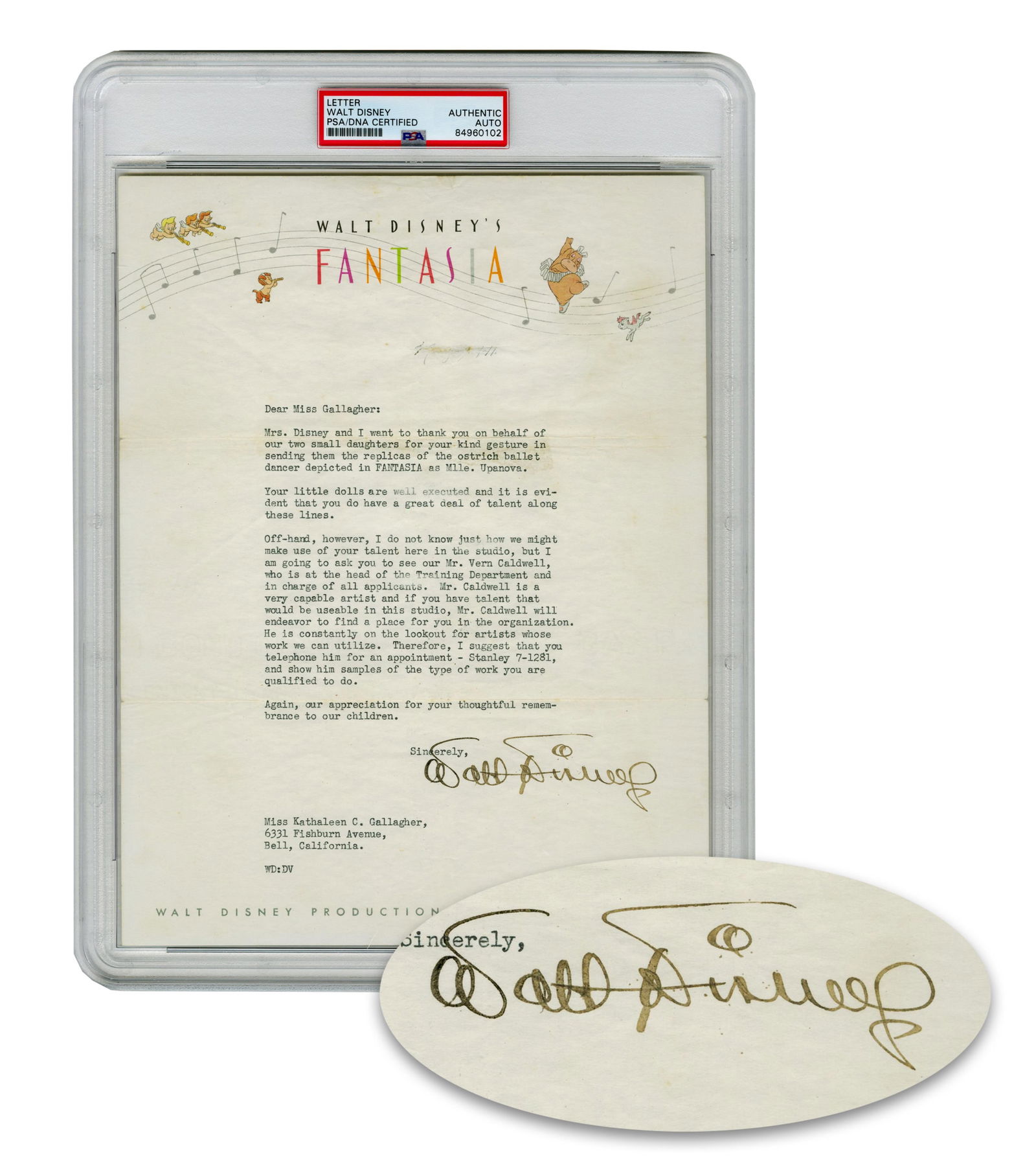 Walt Disney TLS re: "Fantasia" & Advice For Aspiring Artists, PSA Encapsulated: Walt DisneyBurbank, CA, ca. May 1941Walt Disney TLS re: "Fantasia" & Advice For Aspiring Artists, PSA EncapsulatedTLSA content-rich typed letter from Walt Disney (1901-1966) to one Kathaleen Gallagher