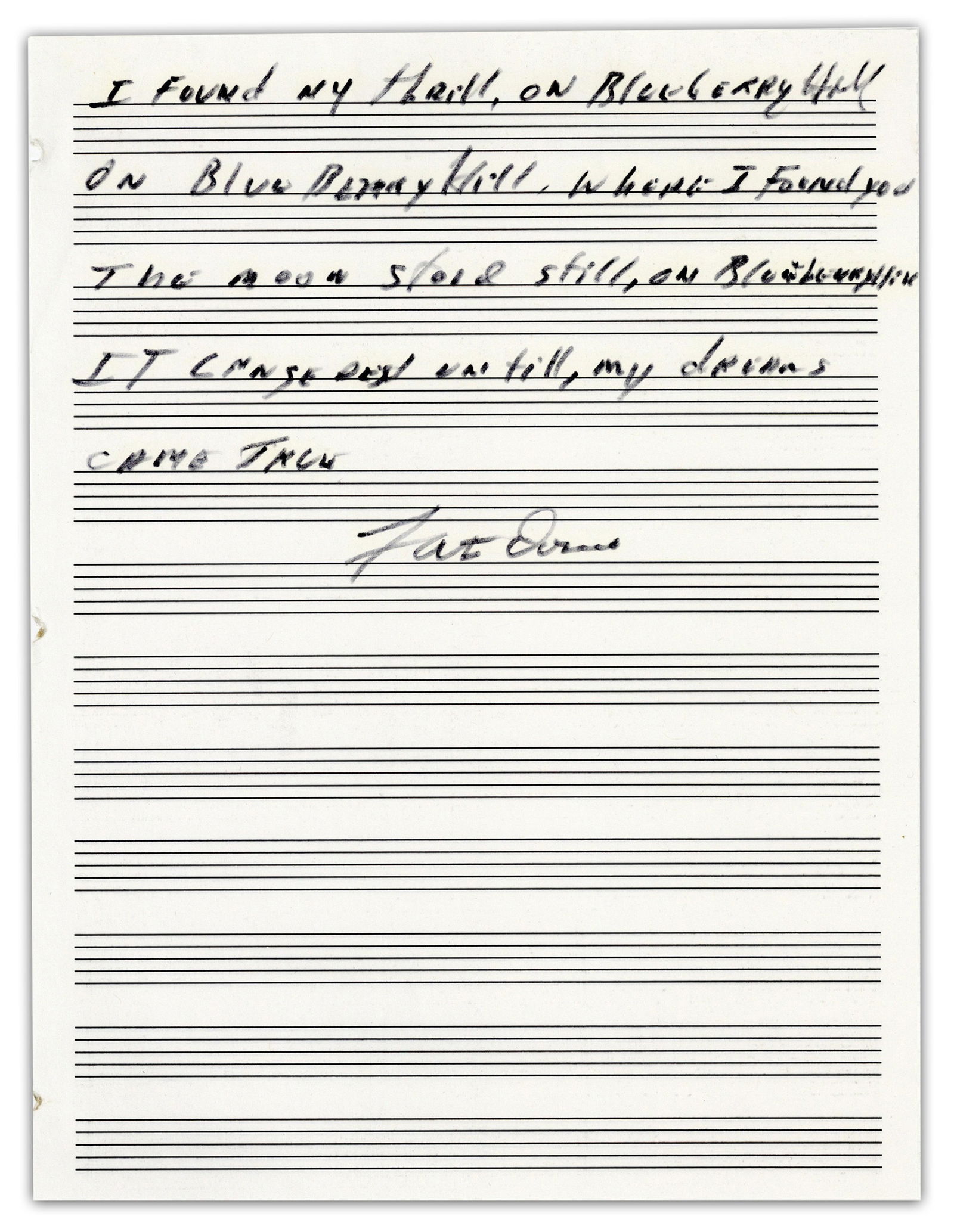 Fats Domino "Blueberry Hill" AMQS: Fats Dominon.p., n.d.Fats Domino "Blueberry Hill" AMQSAMQSAn autograph musical quotation signed by rock 'n' roll musician Fats Domino (1928-2017), as "Fats Domino" at center. N.d., n.p. Domino has pen