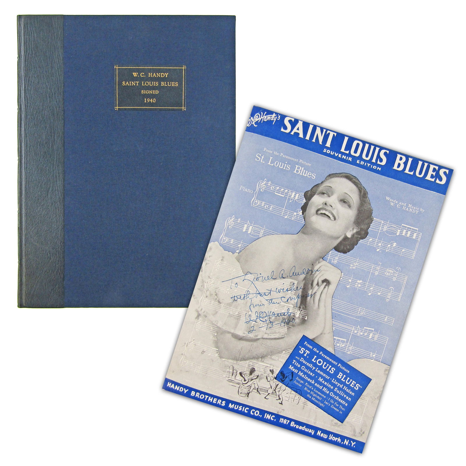 William C. Handy Signed "St. Louis Blues" 1939 Souvenir Ed. Piano Sheet Music, In Custom: William Handyn.p., February 13, 1940William C. Handy Signed "St. Louis Blues" 1939 Souvenir Ed. Piano Sheet Music, In Custom Presentation FolderSigned sheet musicA vintage Souvenir Edition of W.C. Han