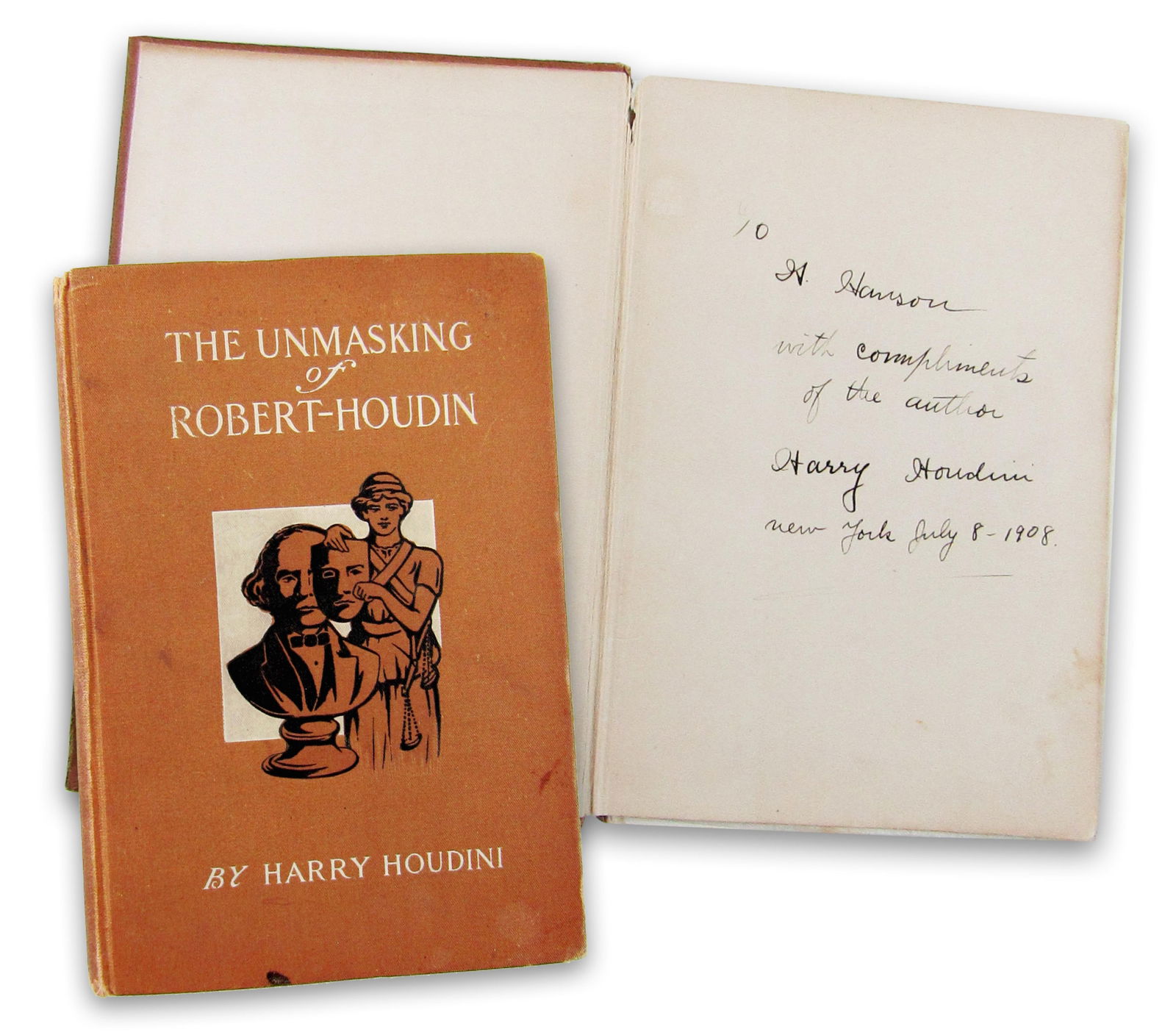 Harry Houdini Signed & Inscribed 1st Ed. "The Unmasking of Robert-Houdin", JSA LOA: Harry HoudiniNew York, NY, July 8, 1908Harry Houdini Signed & Inscribed 1st Ed. "The Unmasking of Robert-Houdin", JSA LOASigned bookA first edition copy of "The Unmasking of Robert-Houdin" by Harry Ho