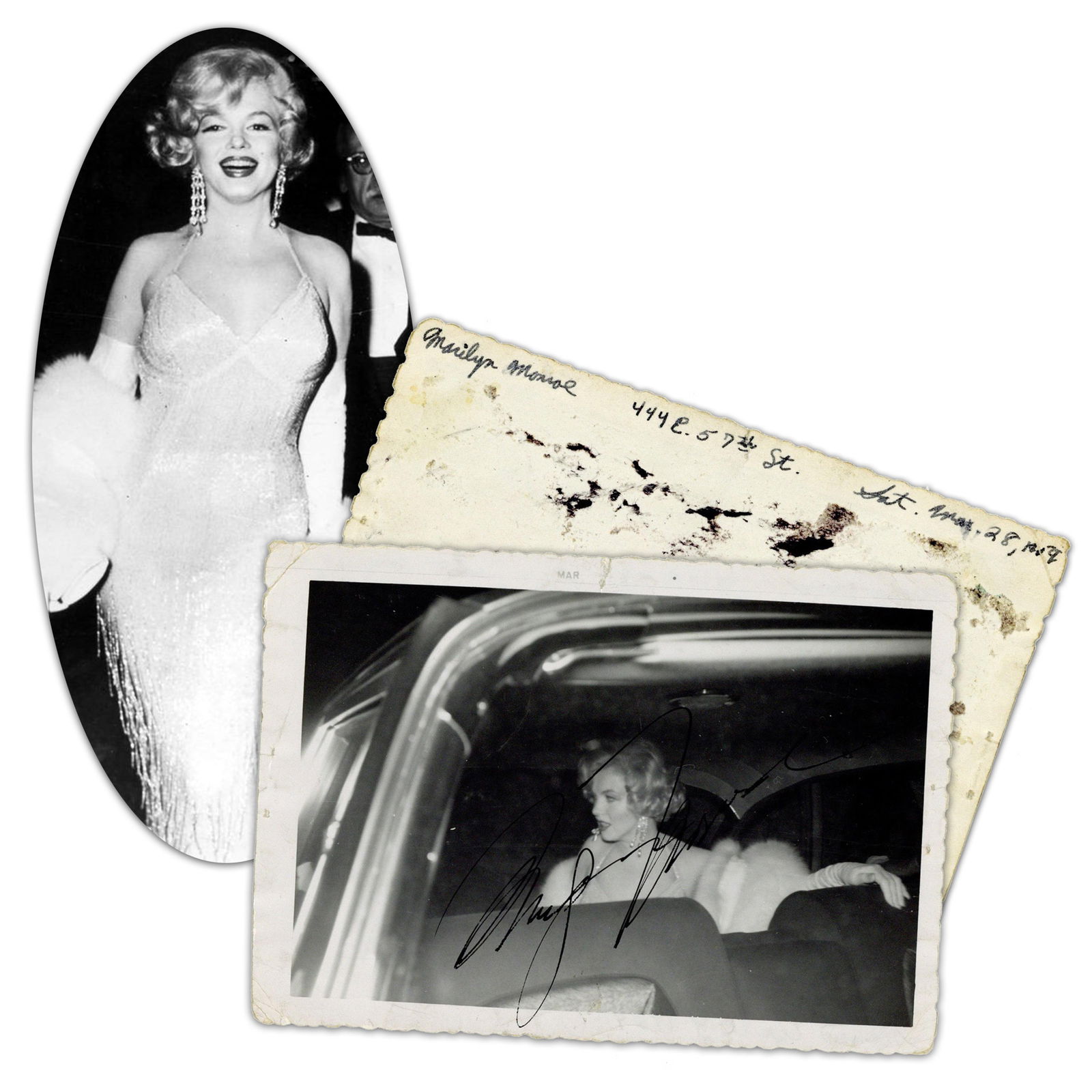 Marilyn Monroe En Route To "Some Like It Hot" NYC Premiere With JSA LOA, Signed Candid Car: Marilyn Monroe[New York, NY], ca. March 28 - April 3, 1959Marilyn Monroe En Route To "Some Like It Hot" NYC Premiere With JSA LOA, Signed Candid Car PhotographSPA photograph of Hollywood actress Maril