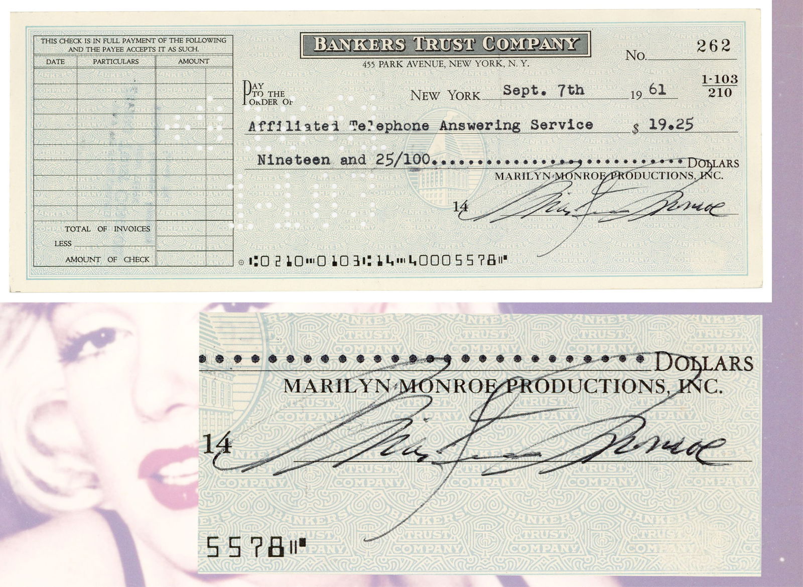 Marilyn Monroe Signed Check, Absolutely Superb, September 1961: Marilyn MonroeNew York, NY, September 7, 1961Marilyn Monroe Signed Check, Absolutely Superb, September 1961Signed checkA superb Marilyn Monroe signed check, New York, September 7, 1961. Drawn on her a