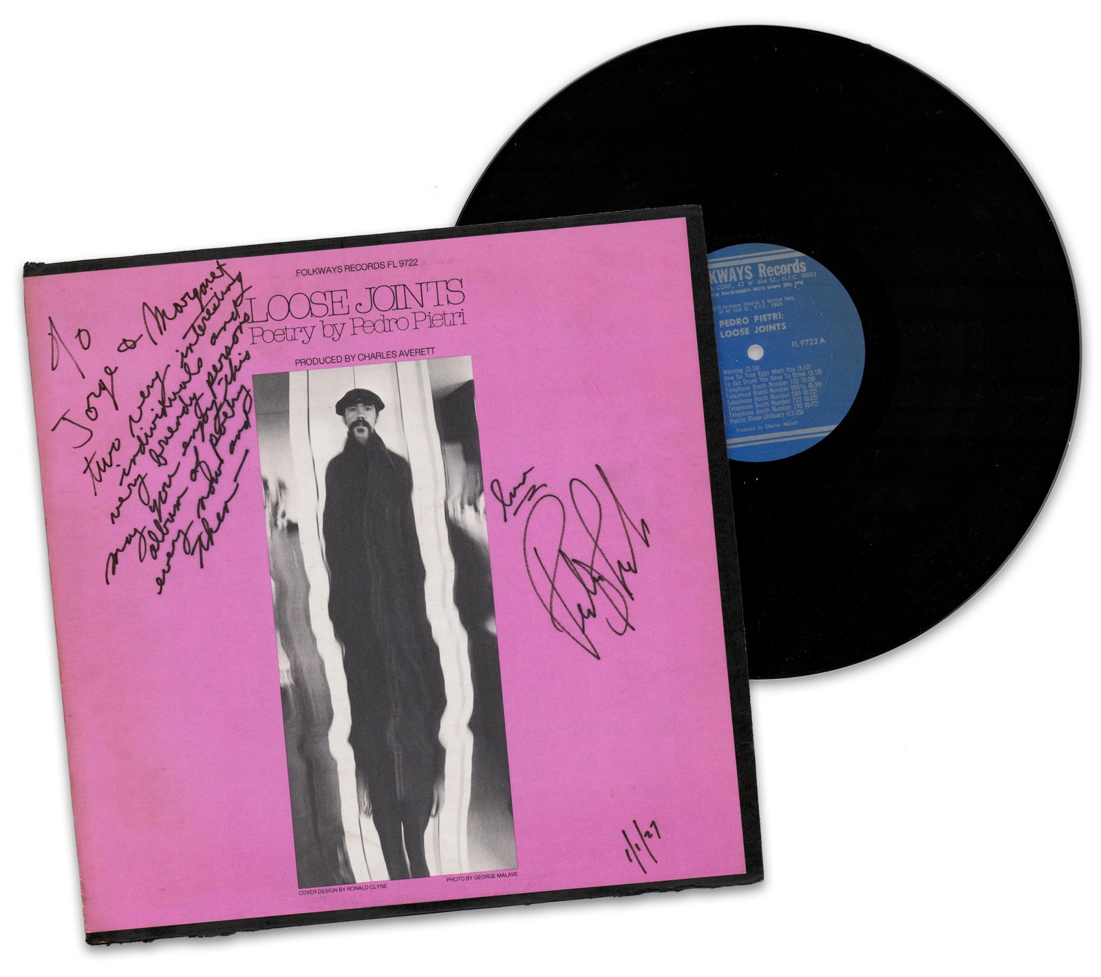 Pedro Pietri Signed & Inscribed LP 'Loose Joints' (1979): Pedro PietriNew York, NY, ca. 1979Pedro Pietri Signed & Inscribed LP 'Loose Joints' (1979)Signed Album/RecordA spoken word poetry album, 'Loose Joints', recorded by Puerto Rican writer Pedro Pietri. N