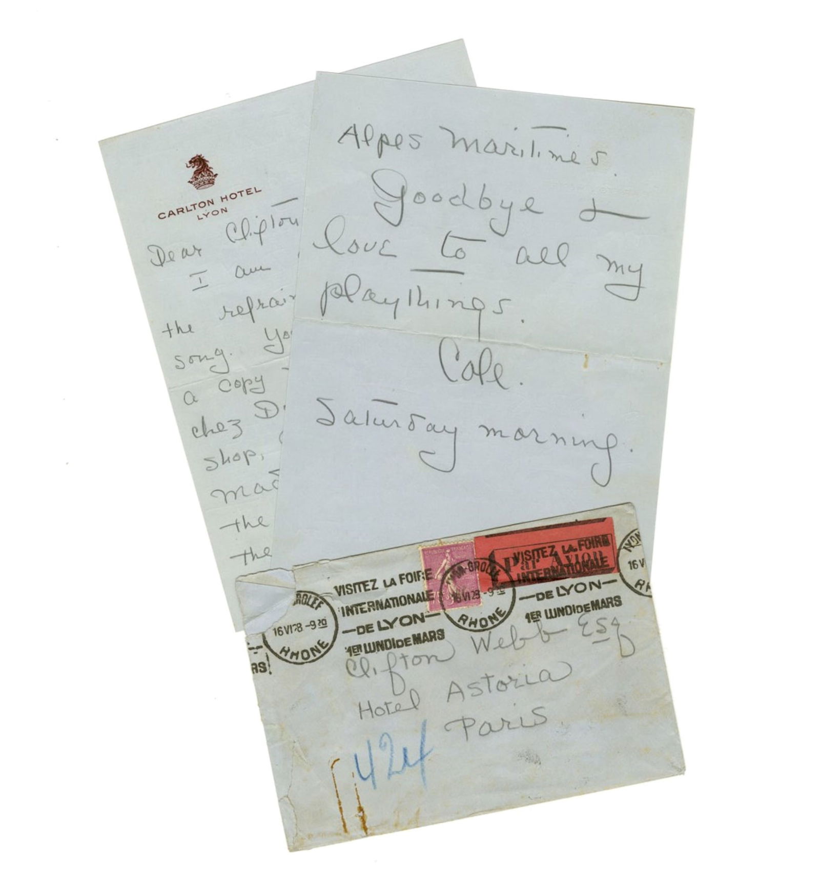 Cole Porter ALS to Lover "... love to all my playthings": Cole PorterLyon, France, ca. 1928Cole Porter ALS to Lover "... love to all my playthings"ALSTwo-page autograph letter signed by Cole Porter as "Cole". 5.25" x 7.25" on light blue Carlton Hotel Lyon le