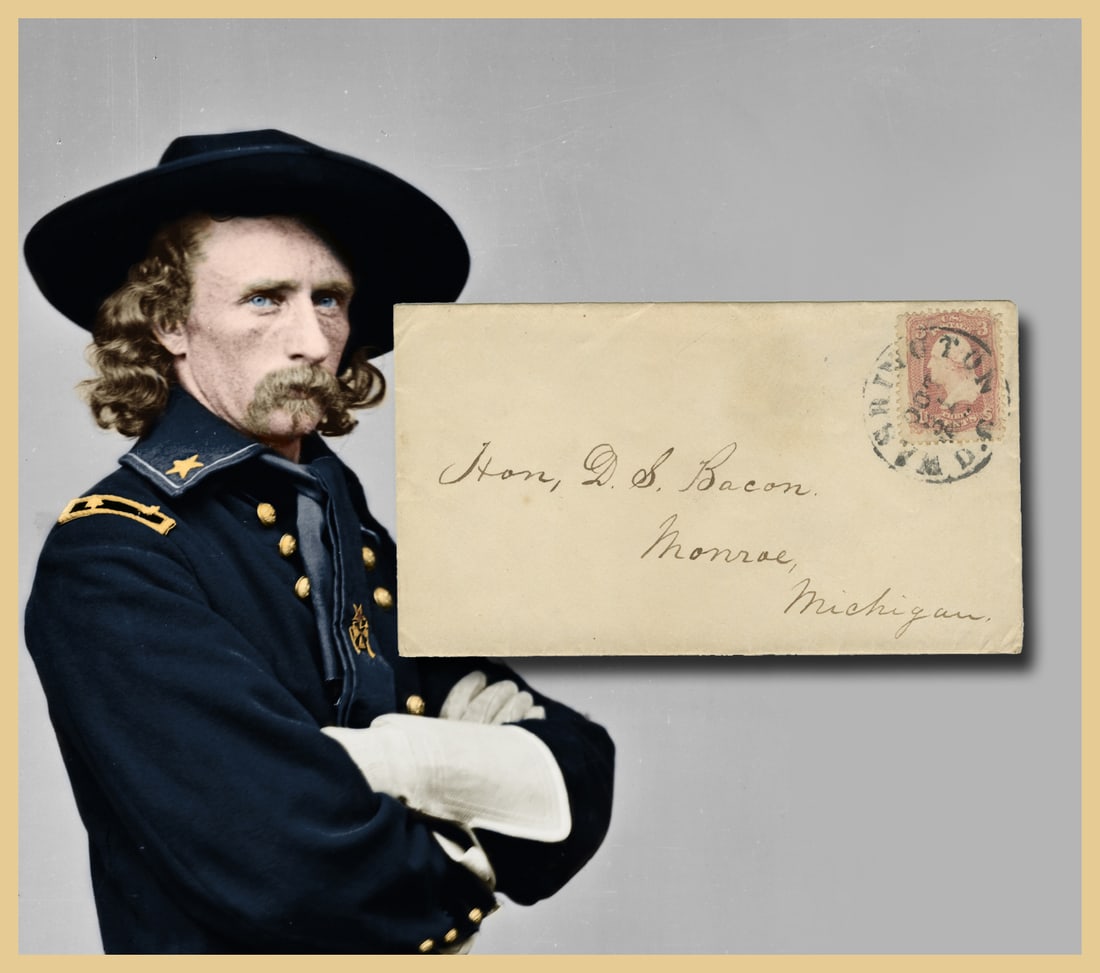 Envelope in Custer's Hand Postmarked Washington, DC to His Father-in-Law in Monroe, MI: George CusterWashington, DC, October 31, [1864]Envelope in Custer's Hand Postmarked Washington, DC to His Father-in-Law in Monroe, MIEnvelope, 5.25” x 2.75”, bearing 3¢ George Washing