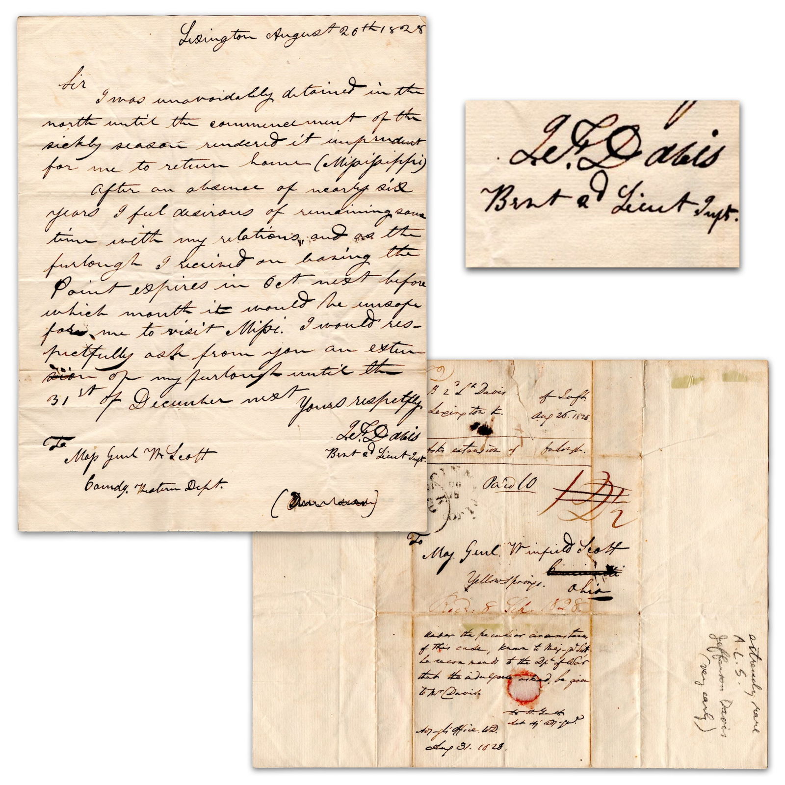 Early Jeff Davis as Lieut. to Foe Gen. Winfield Scott, Letter Just After Graduation from West Point: Jefferson DavisLexington, KY, August 26, 1828Early Jeff Davis as Lieut. to Foe Gen. Winfield Scott, Letter Just After Graduation from West PointALSJEFFERSON DAVIS, Autograph Letter Signed, to Winfield