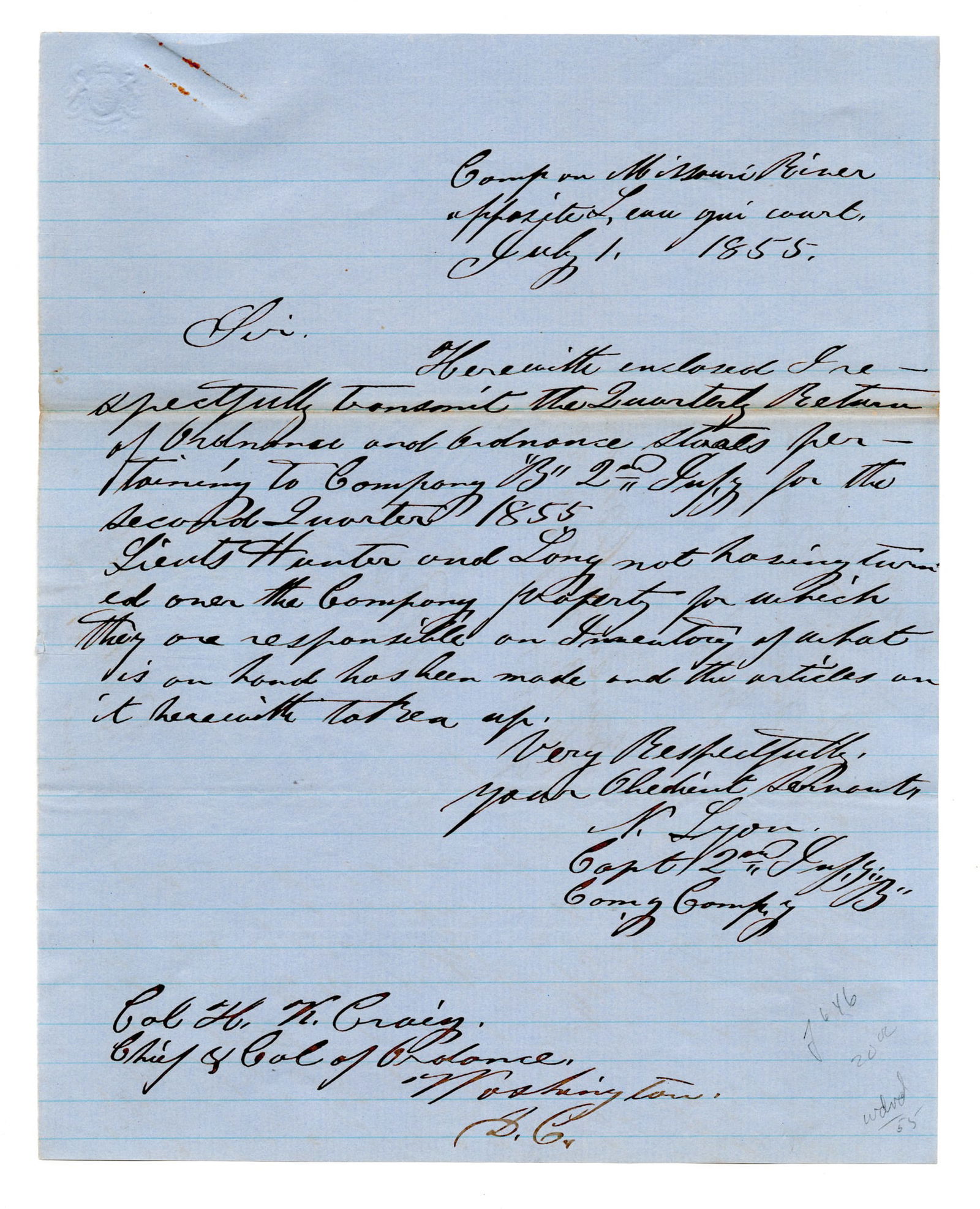 General Nathaniel Lyon en Route to Sioux War: Nathaniel LyonNebraska Territory, July 1, 1855General Nathaniel Lyon en Route to Sioux WarALSNATHANIEL LYON, Autograph Letter Signed, July 1, 1855, Missouri River, Nebraska Territory. 1 p., 7.75" x 9.
