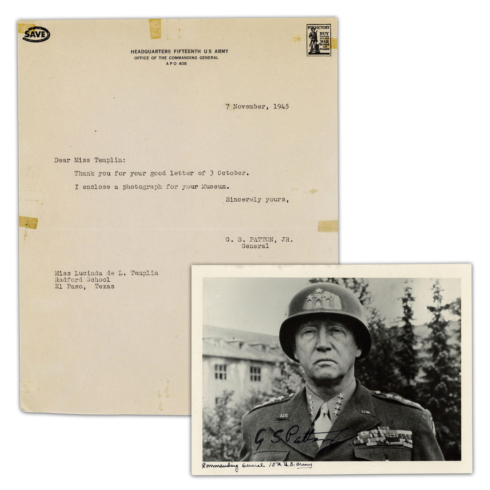 George Patton Boldly Signed Photo, With Outstanding Provenance Dated 6 Weeks Before His Death! JSA: George Patton, Jr.[Headquarters 15th U.S. Army], November 7, 1945George Patton Boldly Signed Photo, With Outstanding Provenance Dated 6 Weeks Before His Death! JSA LOASP & TLA photograph of American m