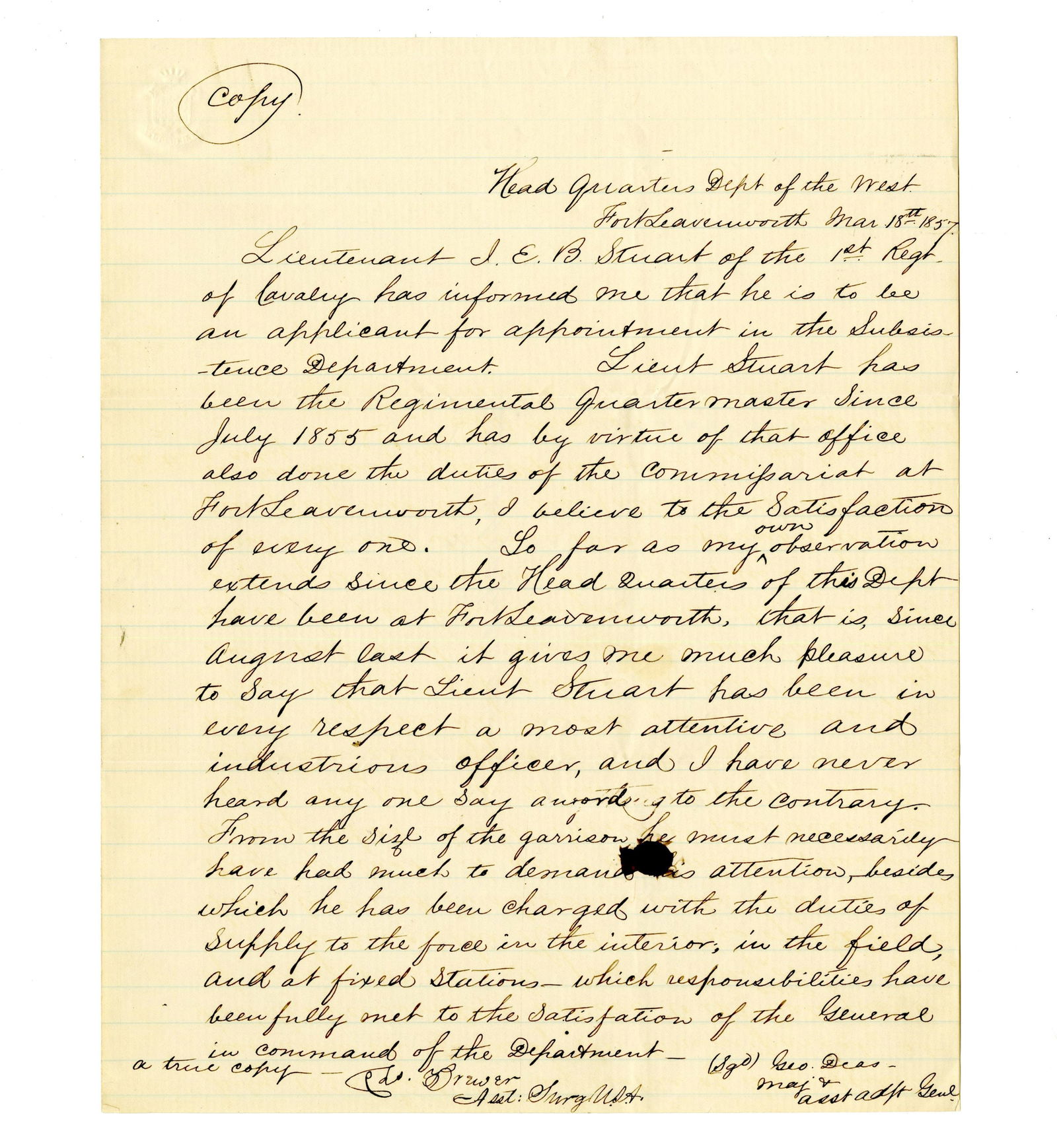 JEB Stuart Writes His Own Letter of Recommendation, Signed 3x Within "most attentive and industrious (1 of 3)