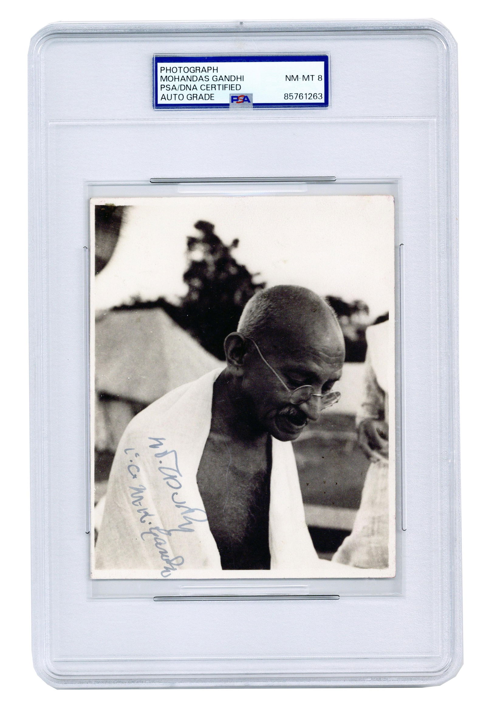 Mahatma Gandhi PSA NM-MT 8 Double Hindi / English Signature, With Great Provenance, Finest Known!: Mohandas Gandhin.p., n.d.Mahatma Gandhi PSA NM-MT 8 Double Hindi / English Signature, With Great Provenance, Finest Known!SPA vintage photograph twice-signed by civil rights activist Mohandas Gandhi (
