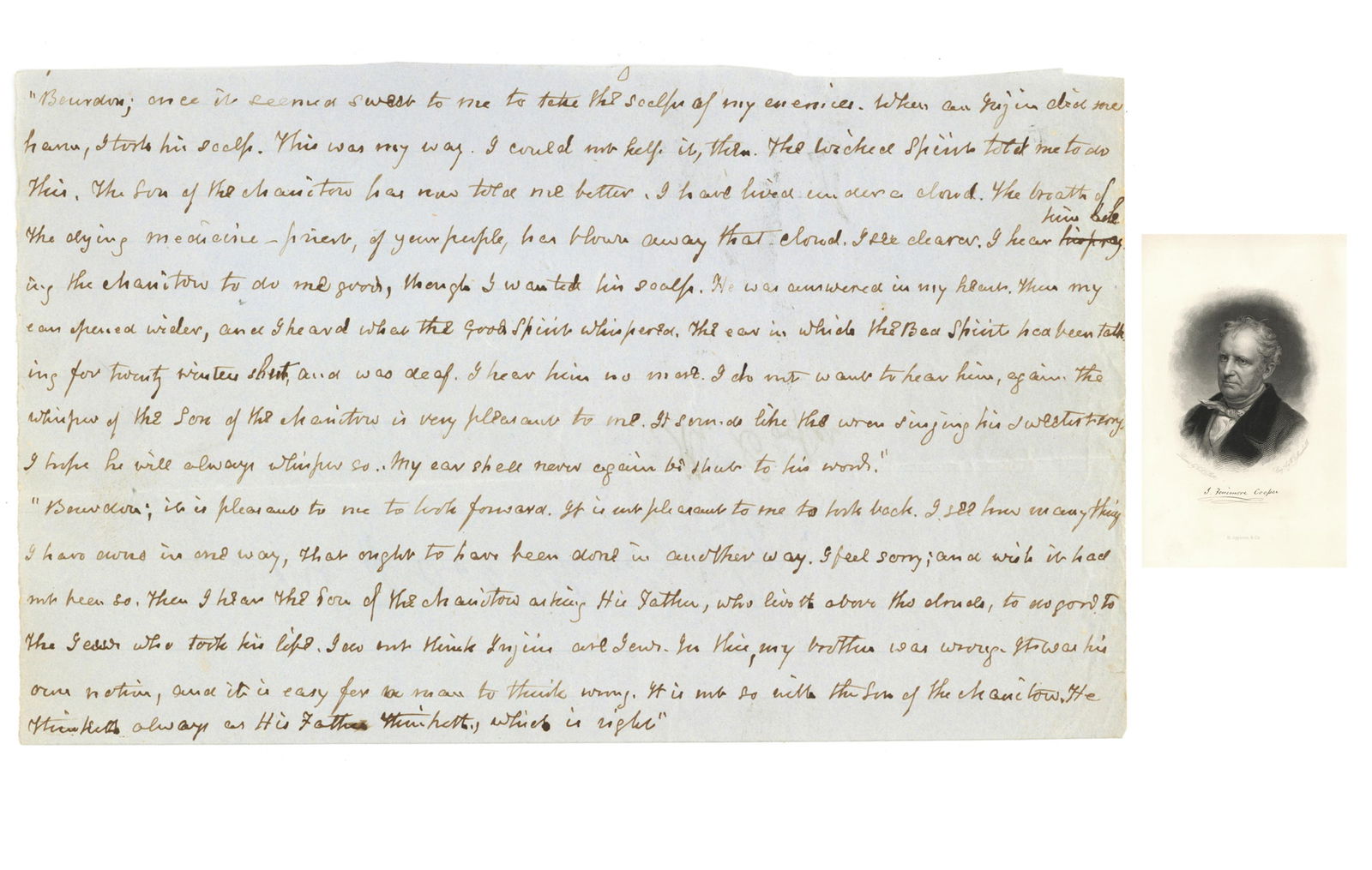 James Fenimore Cooper, Orig. MS from The Oak Openings: "...I took his scalp..." (1 of 3)