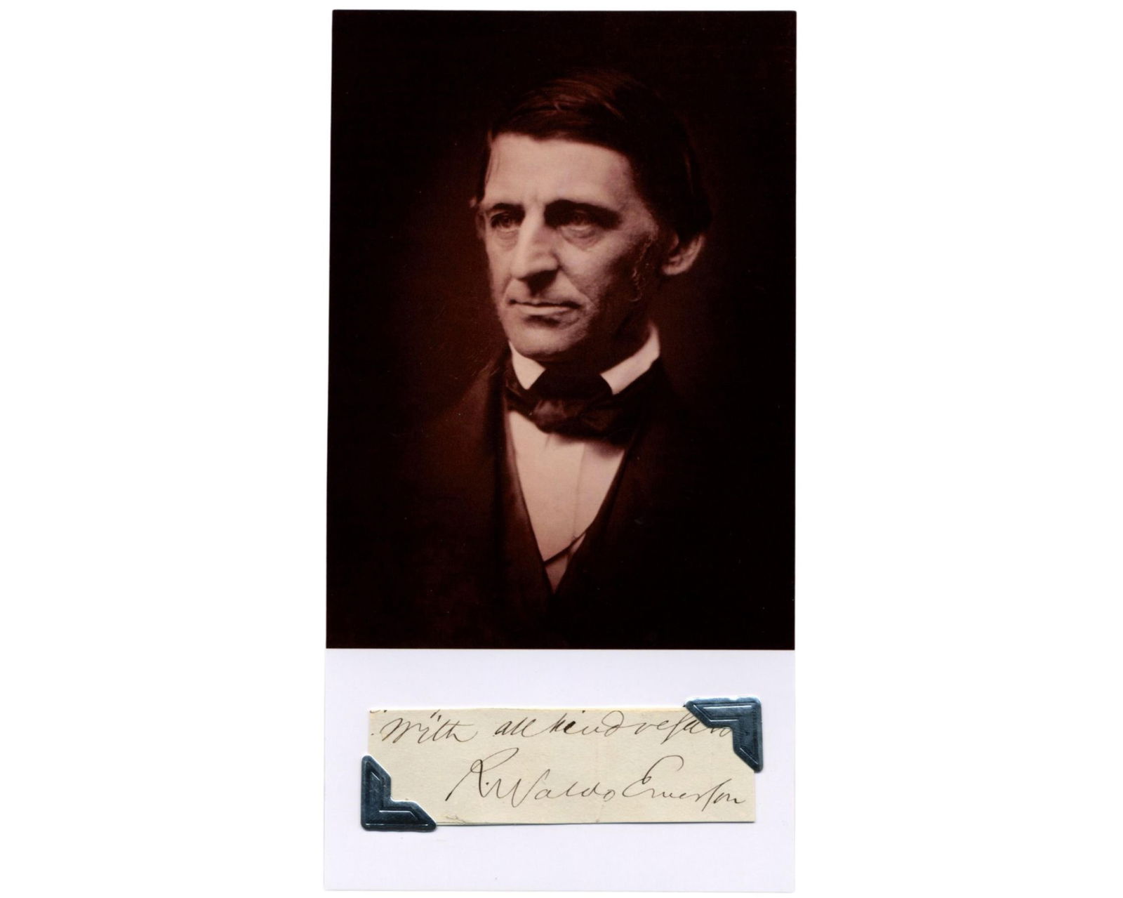 Gorgeous Ralph Waldo Emerson Signed Display: Ralph Waldo Emersonn.p., n.d.Gorgeous Ralph Waldo Emerson Signed DisplaySignatureSignature display of Ralph Waldo Emerson, inscribed “With all kind regards / R. Waldo Emerson,” written in