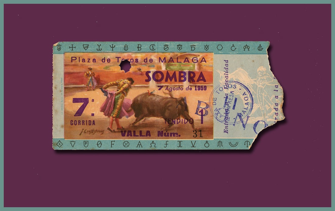 Ernest Hemingway Owned & Used Ticket for August 7, 1959 Bullfights at Málaga’s Plaza de: Ernest Hemingway Valencia, Spain, August 7, 1959 Ernest Hemingway Owned & Used Ticket for August 7, 1959 Bullfights at Málaga’s Plaza de Toros - During “The Dangerous Summer”!