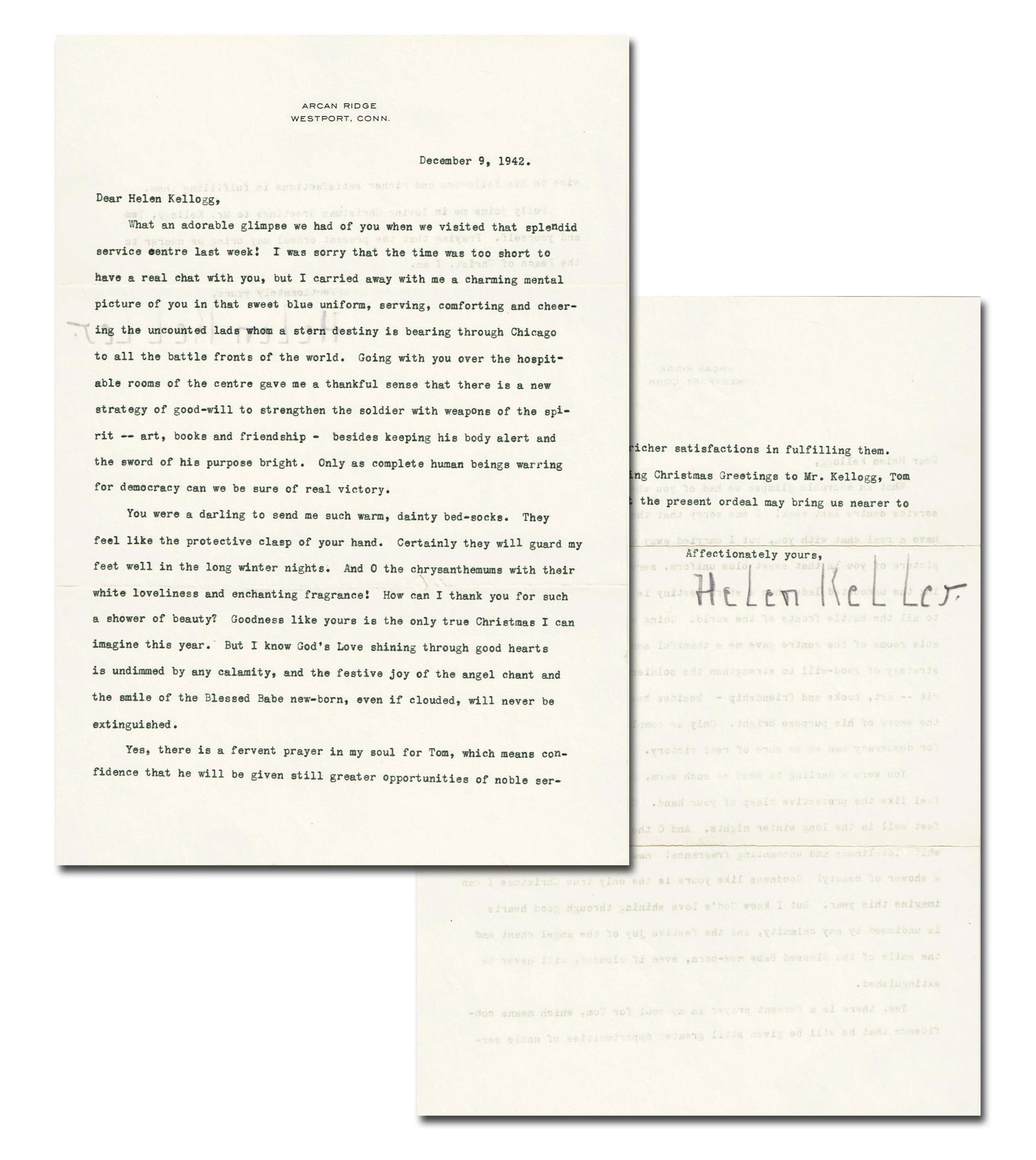 Helen Keller War-Dated TLS: "Only as complete human beings warring for democracy can we be sure of (1 of 5)