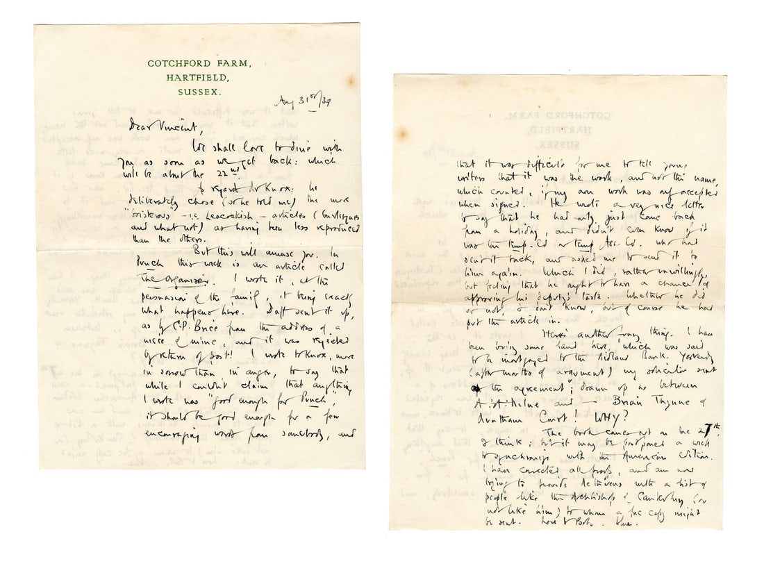 A.A. Milne Humorous ALS to His Close Friend Lamenting Rejection by Punch Magazine (1 of 5)