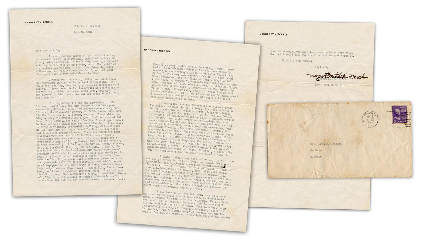 Margaret Mitchell TLS Declining Using Confederate's Letters In New Novel After GWTW: "… my: Margaret MitchellAtlanta, GA, June 2, 1948Margaret Mitchell TLS Declining Using Confederate's Letters In New Novel After GWTW: "… my problem has been, since 1936, trying to find one minute in wh