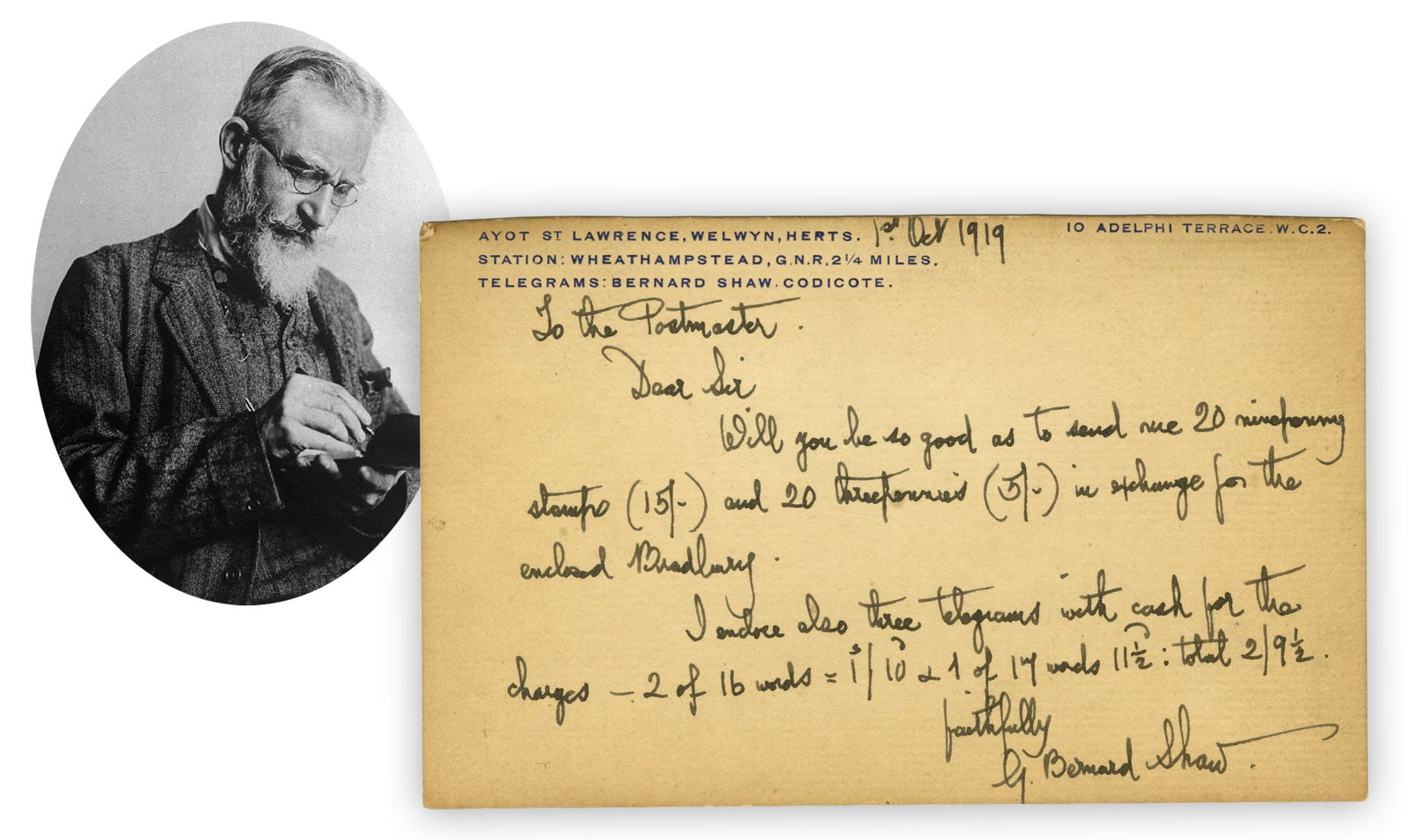 George Bernard Shaw Charming ANS to Postmaster, ca. 1919: George Bernard ShawLondon, England, October 1, 1919George Bernard Shaw Charming ANS to Postmaster, ca. 1919ANSA handwritten postcard from playwright George Bernard Shaw addressed "To the Postmaster" i