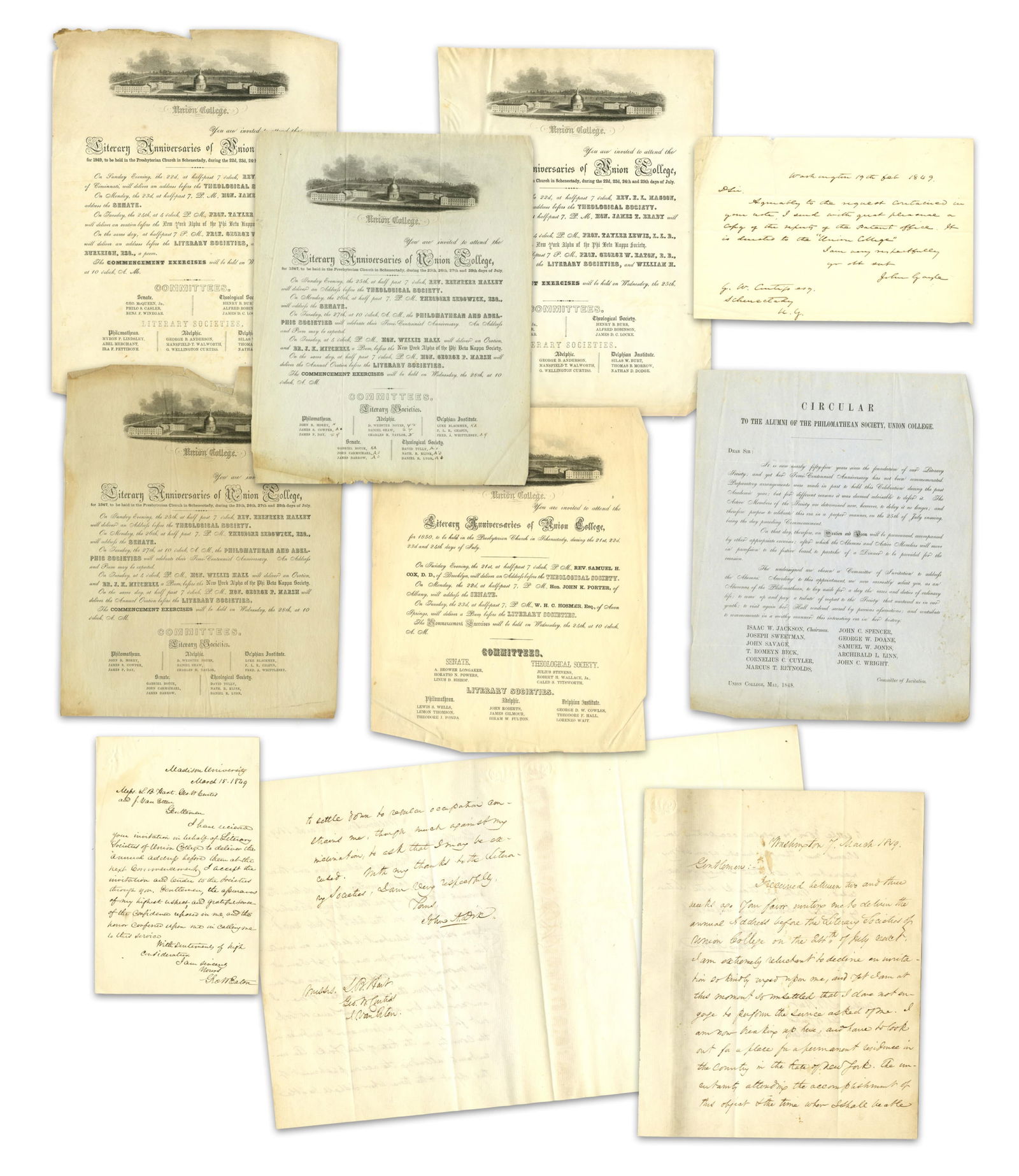 Literary Societies of Union College (1847-50) 11pp Archive, Early Precursor to Fraternities: Union College Literary SocietiesSchenectady, NY, ca. 1847-1850Literary Societies of Union College (1847-50) 11pp Archive, Early Precursor to FraternitiesArchiveA collection of printed circulars and ha