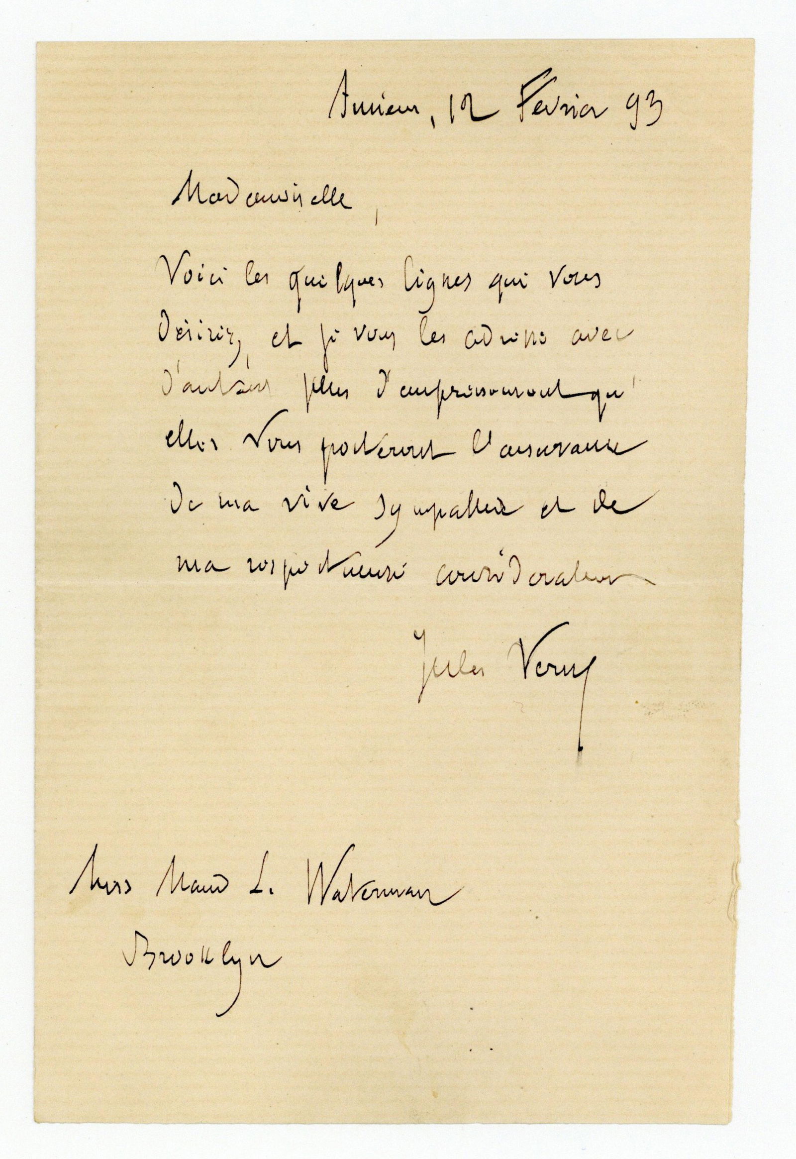 Jules Verne 1893 ALS To Aspiring Brooklyn Female Poet The Same Year Adventure Story "Foundling Mick" (1 of 3)
