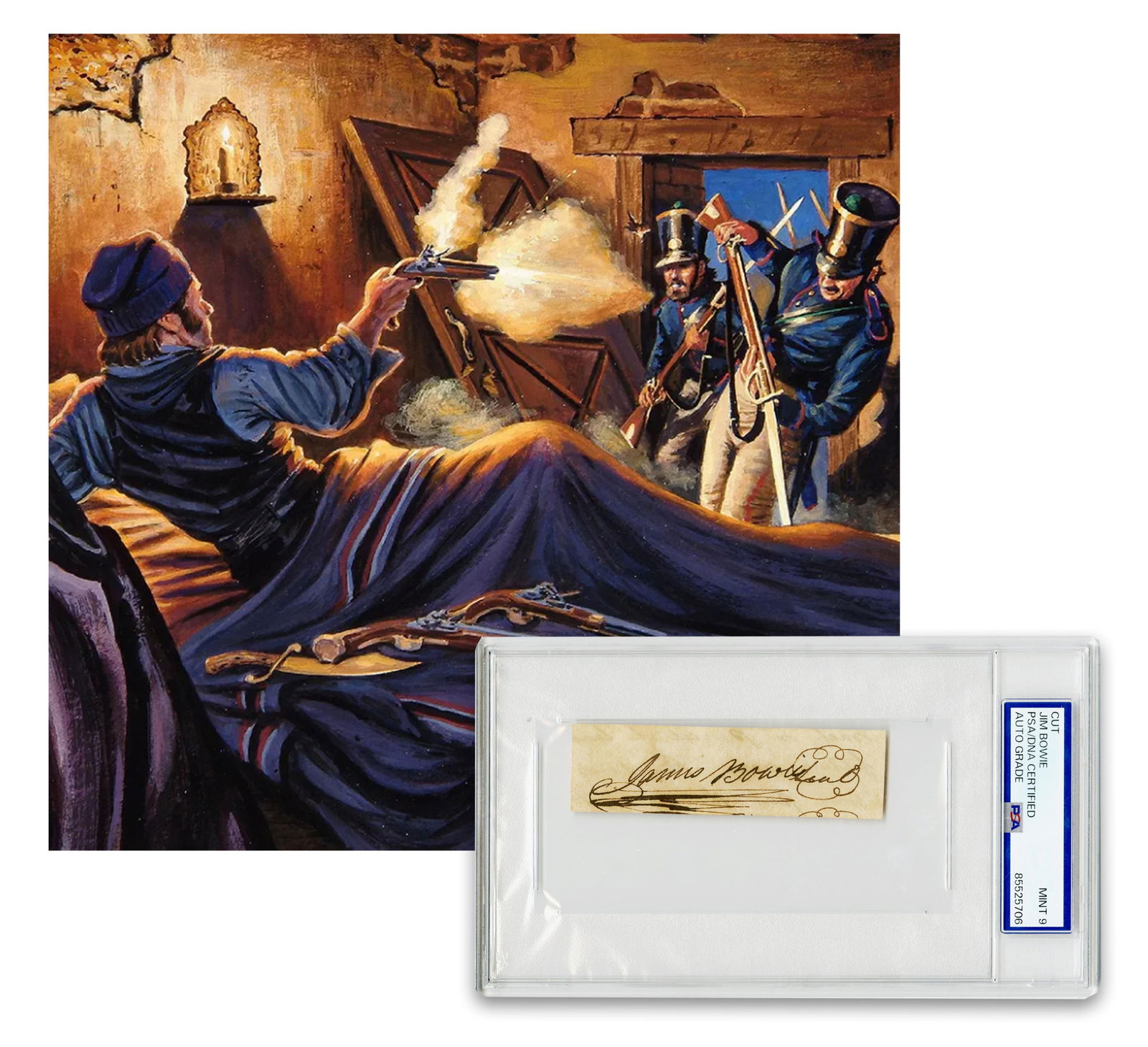 Alamo Defender James Bowie Clipped Signature, Highest Graded PSA MINT 9!: James Bowien.p., n.d.Alamo Defender James Bowie Clipped Signature, Highest Graded PSA MINT 9!SignatureAn excessively rare clipped signature from prominent Texas figure and military officer James Bowie