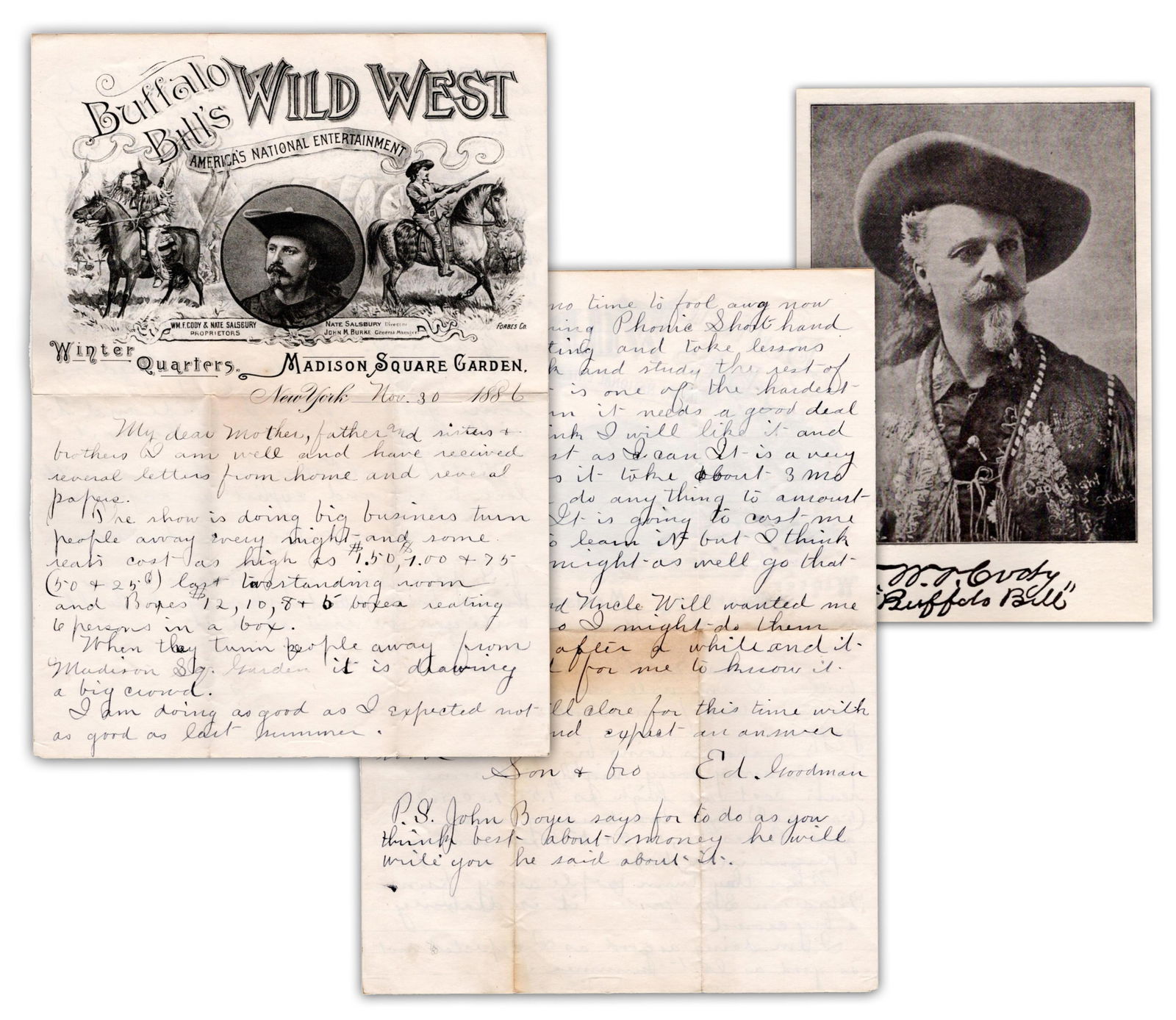 Buffalo Bill Cody’s Nephew Writes to His Family from Wild West Show’s Winter Quarters at: William Cody[New York, NY], November 30, 1886Buffalo Bill Cody’s Nephew Writes to His Family from Wild West Show’s Winter Quarters at Madison Square GardenALS[WILLIAM F. “BUFFALO BIL