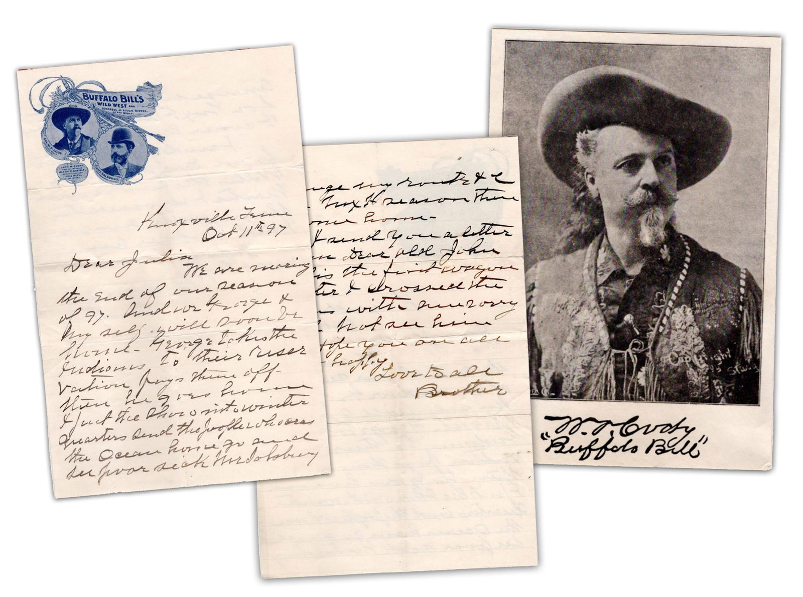 Buffalo Bill Cody: Sioux Interpreter "takes the Indians to their reservation [&] pays them off": William CodyKnoxville, TE, October 11, 1897Buffalo Bill Cody: Sioux Interpreter "takes the Indians to their reservation [&] pays them off" -Fabulous Letterhead!ALSWILLIAM F. “BUFFALO BILL”