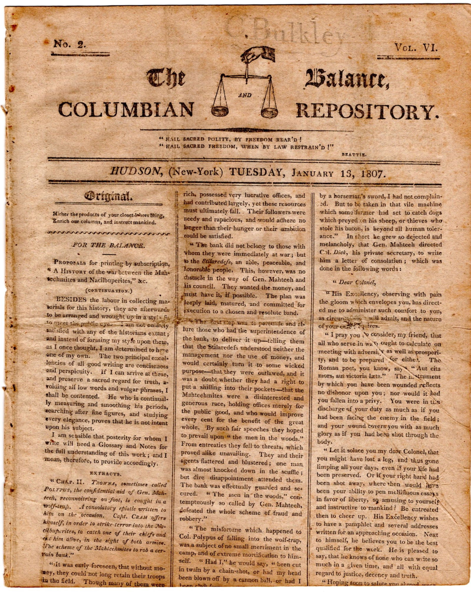 Meriwether Lewis Arrives In Washington, Closing the Lewis & Clark Expedition: Lewis & ClarkHudson, NY, January 13, 1807Meriwether Lewis Arrives In Washington, Closing the Lewis & Clark ExpeditionNewspaper[LEWIS & CLARK EXPEDITION.] The Balance, and Columbian Repository, January