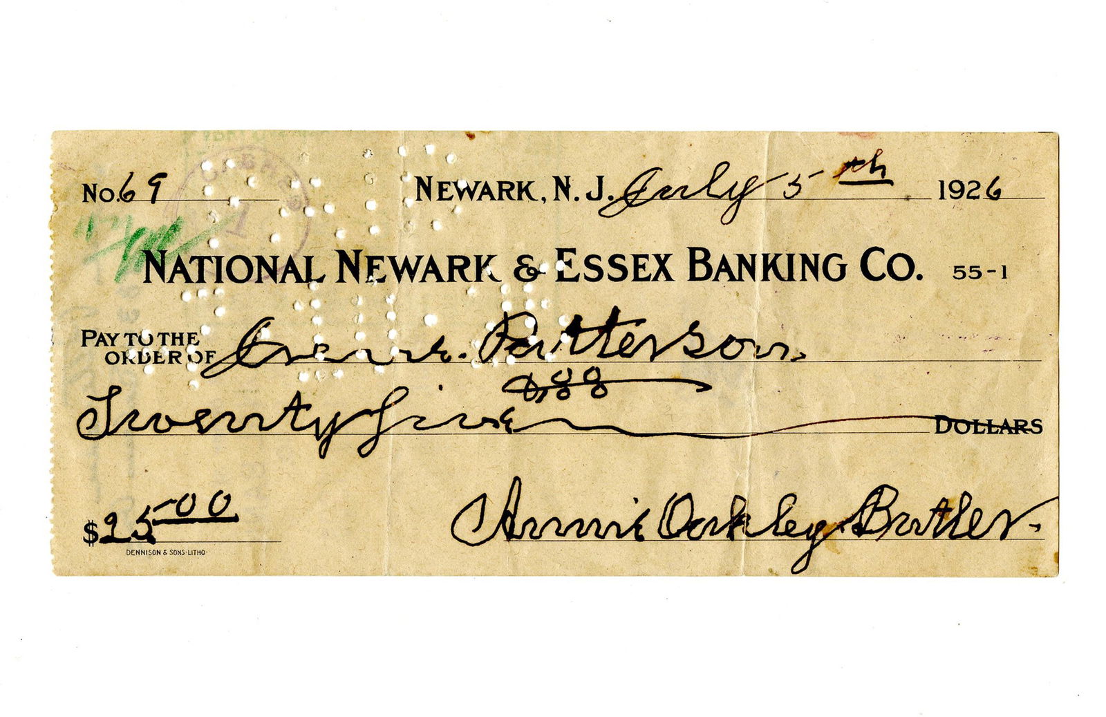 Sharpshooter Annie Oakley Signed Check One Year Before Passing Away: Annie OakleyNewark, NJ, July 5, 1926Sharpshooter Annie Oakley Signed Check One Year Before Passing AwaySigned CheckA signed check by famed sharpshooter and entertainer, Annie Oakley. 1p, measuring 6.2