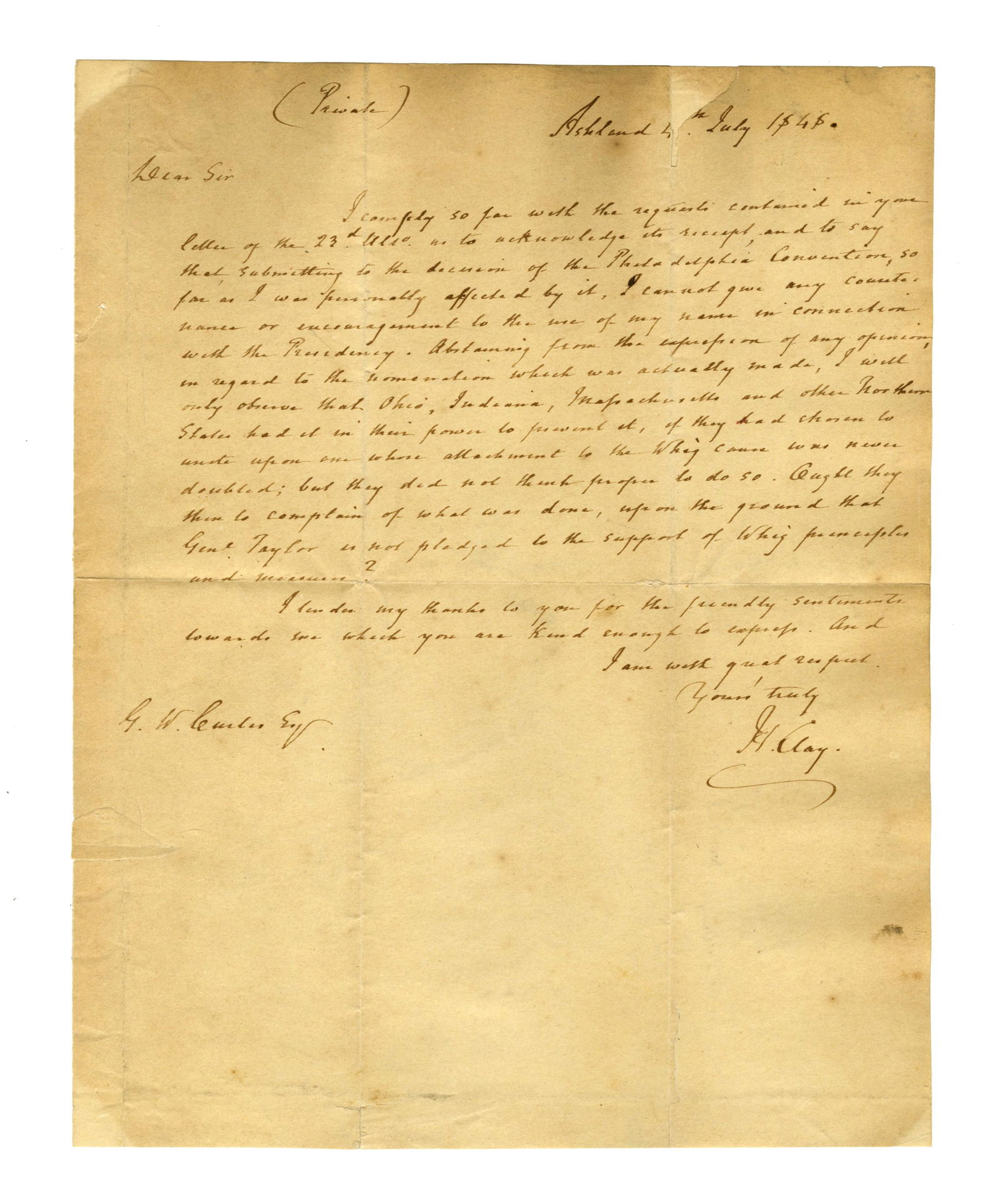 H. Clay Bitterly Snubbed For 4th Presidential Run, "Genl Taylor is not pledged to the support of (1 of 3)