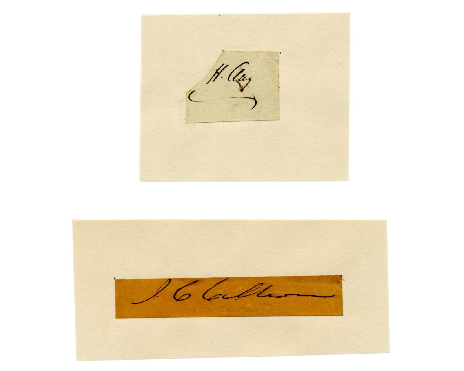 Bold Henry Clay & John Calhoun Signatures: Henry Clayn.p., n.d.Bold Henry Clay & John Calhoun SignaturesSignaturePair of cut signatures from two of the most influential American political figures of the 19th century: Henry Clay and John C. Cal