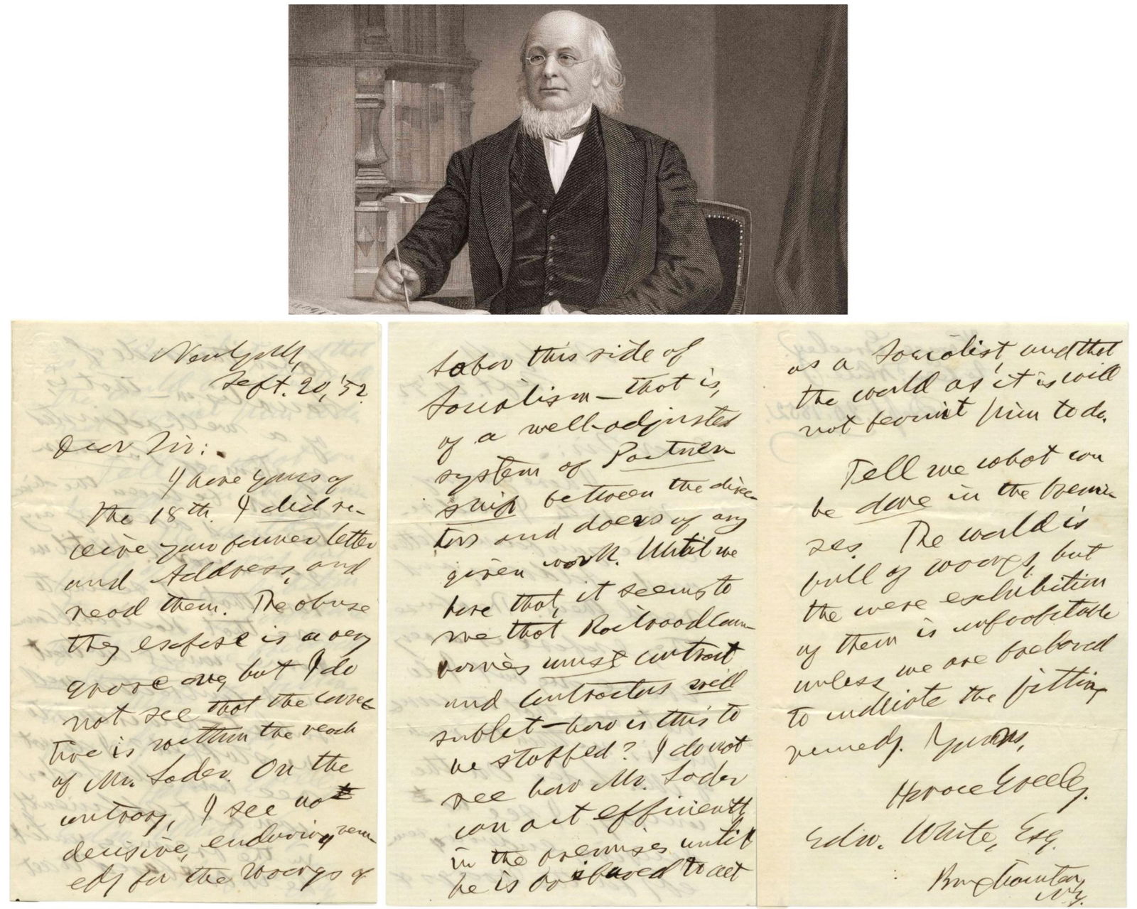 Horace Greeley ALS: "I see no decisive enduring remedy for...this side of Socialism," Fantastic!: Horace GreeleyBinghamton, NY, September 20, 1952Horace Greeley ALS: "I see no decisive enduring remedy for...this side of Socialism," Fantastic!ALSAutograph Letter Signed, by Horace Greeley, dated 