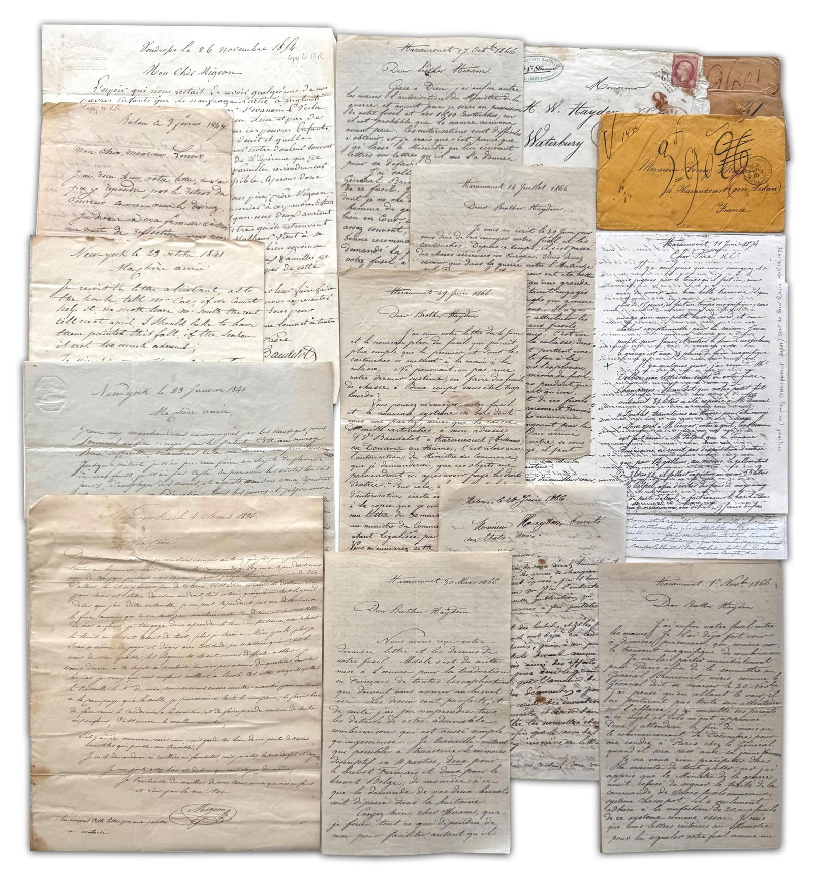 American Breech-Loading Rifle Archive, Pivotal In European Wars! 26pp, Fantastic!: 19th C. French/American InventionsNew York, NY; Haraucourt, France, ca. 1836-1874American Breech-Loading Rifle Archive, Pivotal In European Wars! 26pp, Fantastic!ArchiveThis small archive of correspon