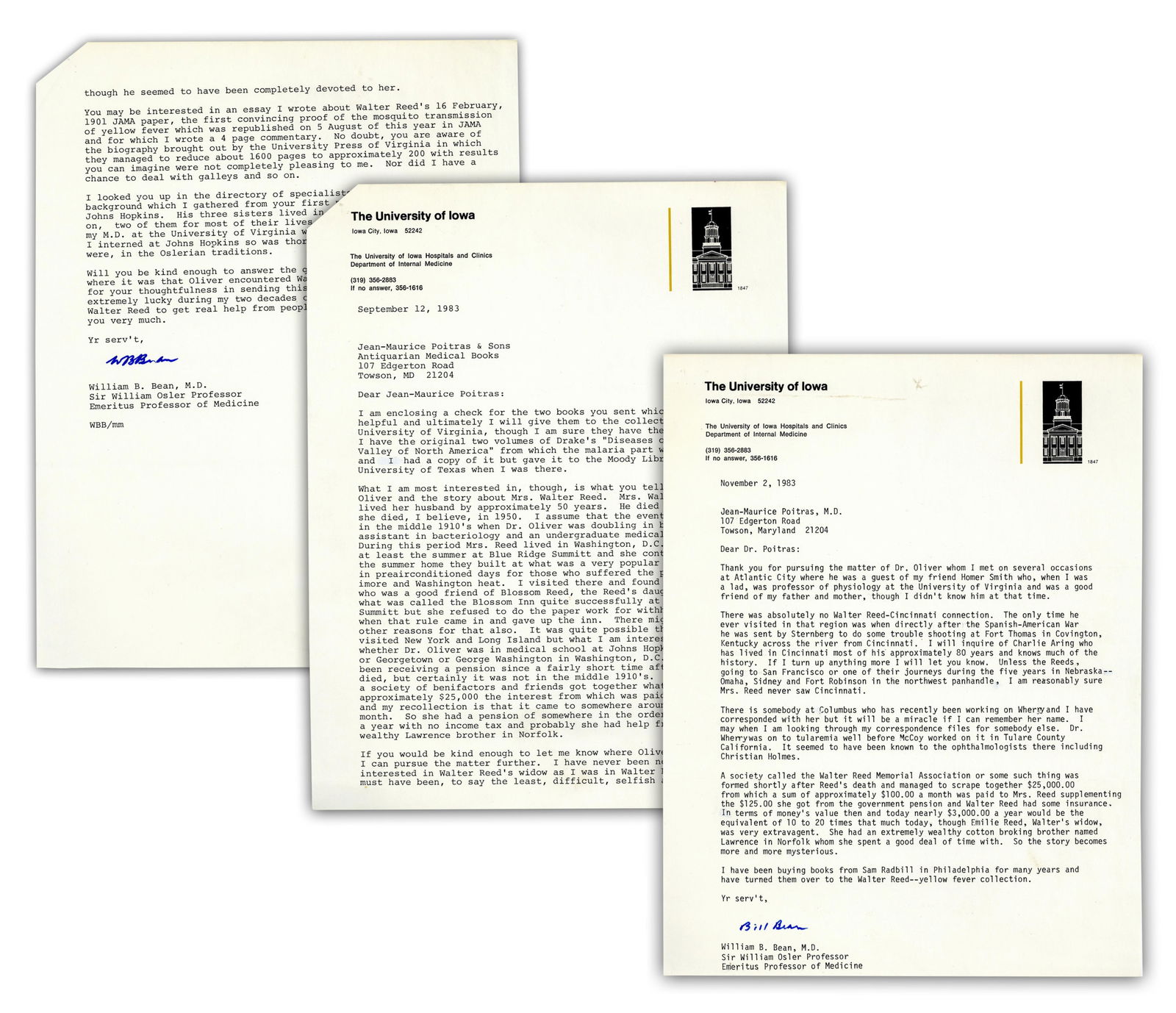 (2) William B. Bean TLSs Discussing Walter Reed, Yellow Fever & Other Infectious Diseases,: William Bennett Bean[Iowa City, IA], September 12, 1983; November 2, 1983(2) William B. Bean TLSs Discussing Walter Reed, Yellow Fever & Other Infectious Diseases, Jam-Packed With Medical History Cont