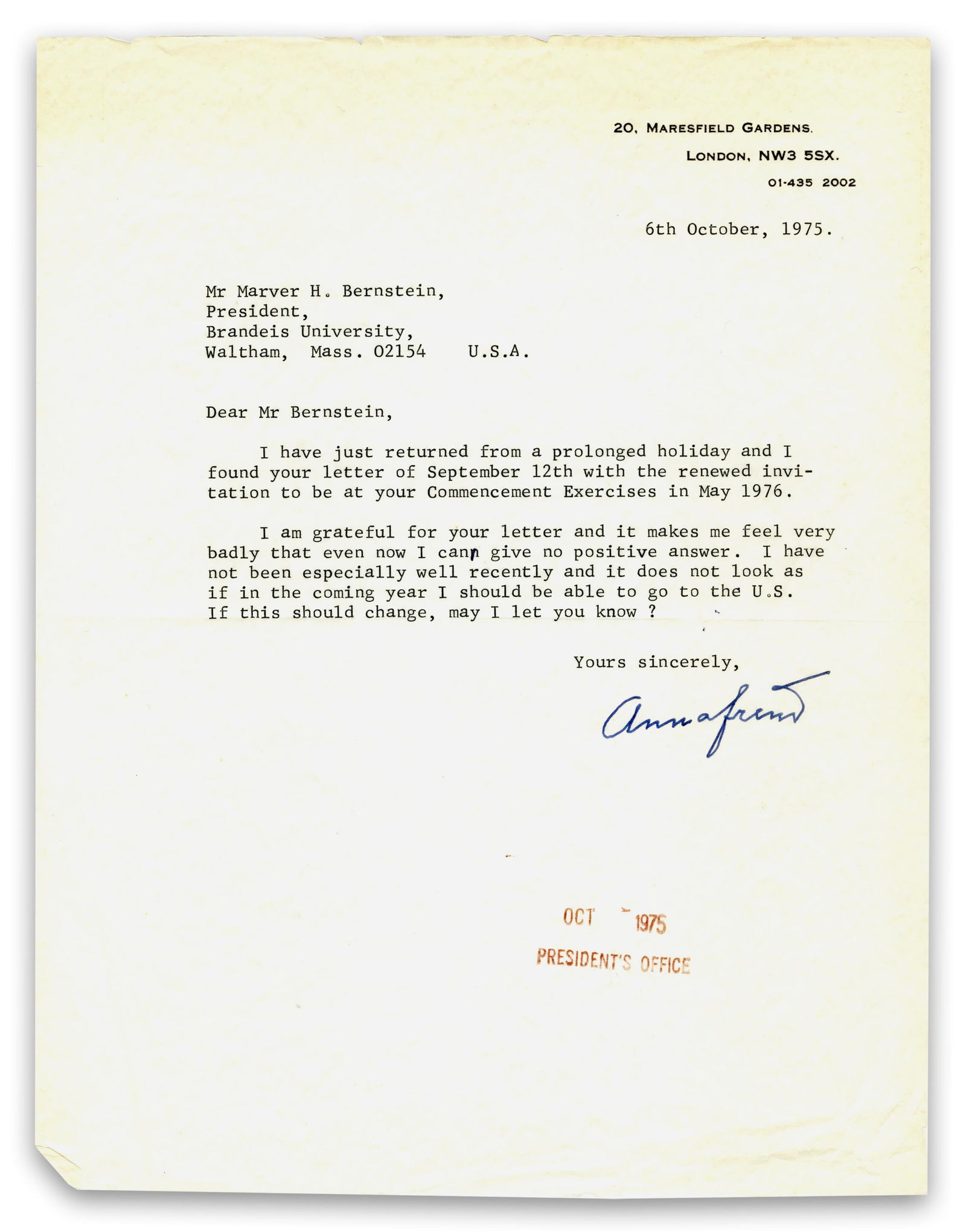 Psychoanalyst Anna Freud TLS to Brandeis University President (1 of 2)