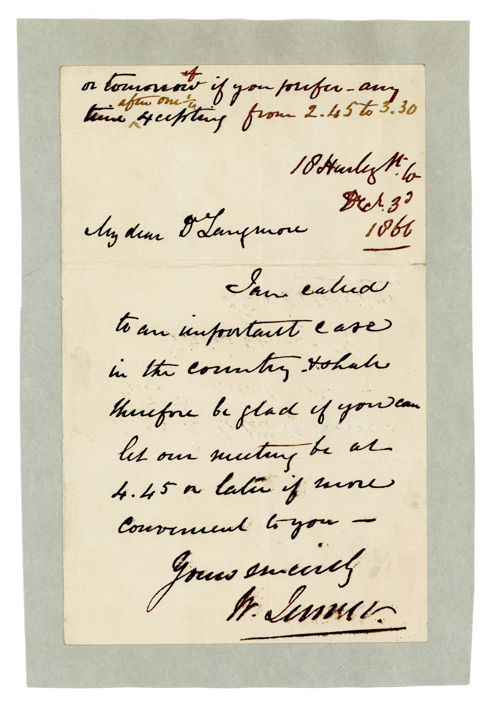 Sir William Jenner ALS: "I am called to an important case in the country" (1 of 2)