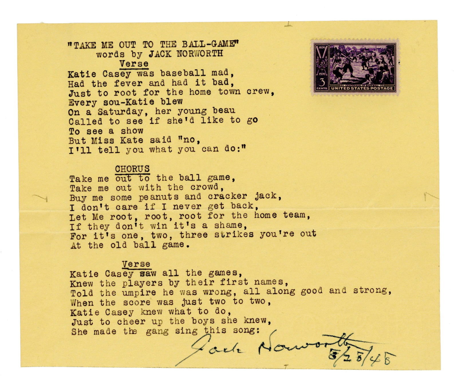 Jack Norworth "Take Me Out To The Ball Game" TMQS: Jack Norworth n.p., May 15, 1945 Jack Norworth "Take Me Out To The Ball Game" TMQS TMQS A typed musical quotation signed and dated by Jack Norworth (1879-1959), the prolific Tin Pan Alley songwriter