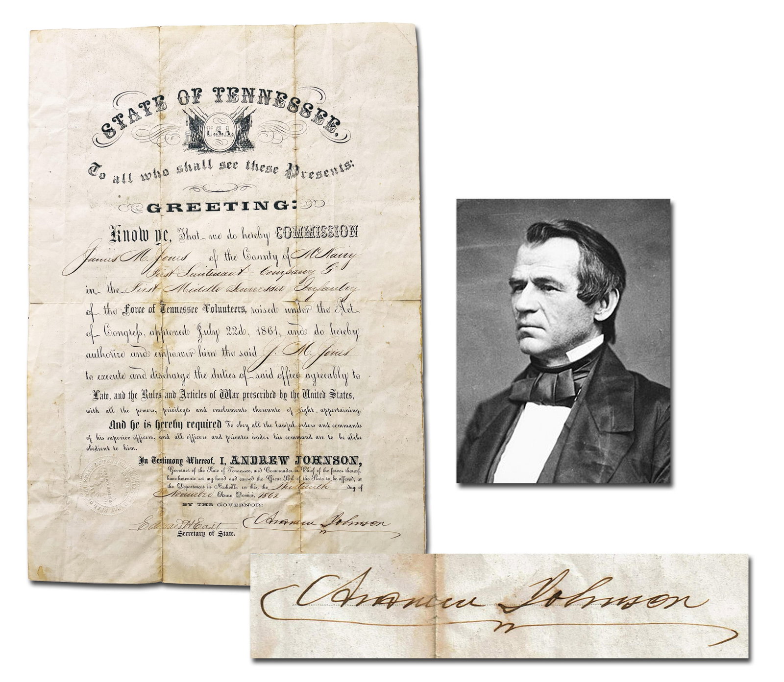Rare Andrew Johnson Signed 1862 Civil War Military Commission (1 of 4)