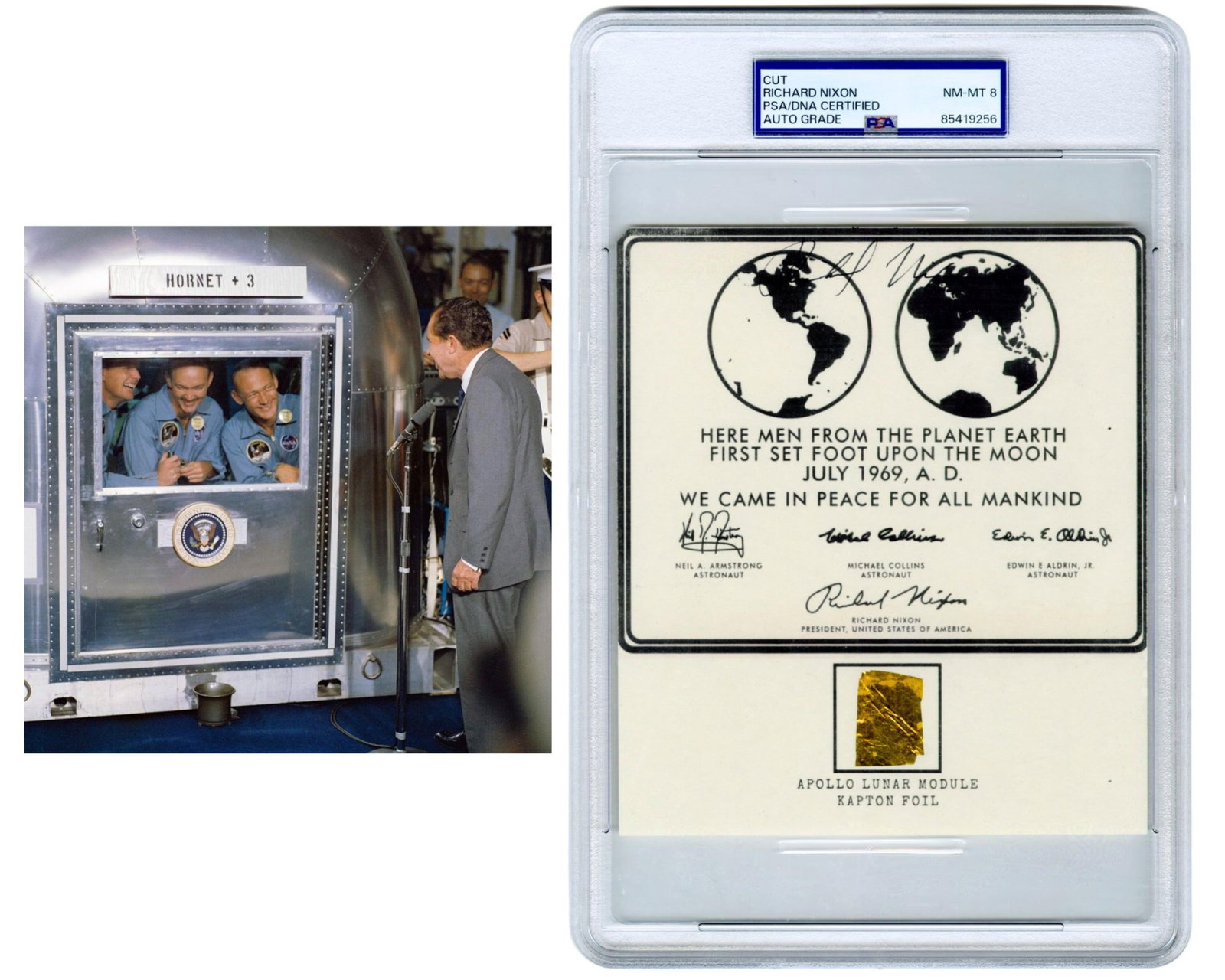 Richard Nixon Signed Moon Landing Plaque with Apollo Lunar Module Kapton Foil, PSA Mint 9 (1 of 2)