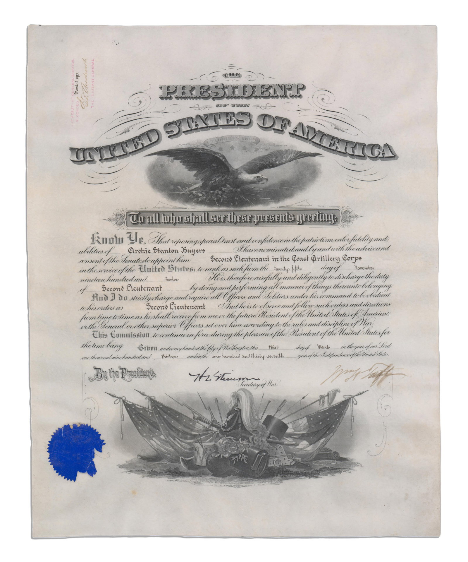 William Taft Signed Military Appointment (1 of 3)